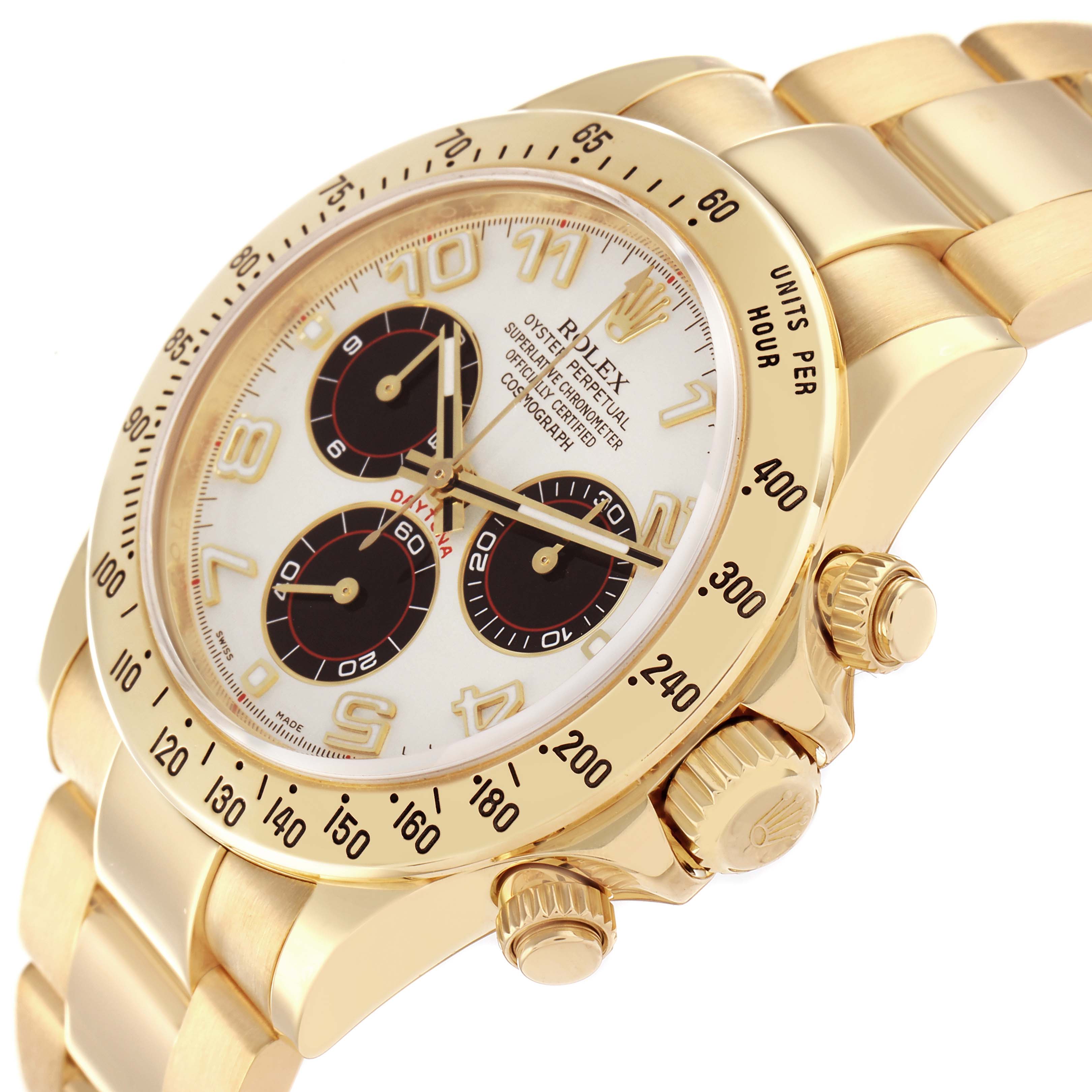 The Rolex Daytona 116528 Men
s Yellow Gold Silver Dial is shown at a three-quarter angle, highlighting the gold case, bezel, and bracelet with a white dial.