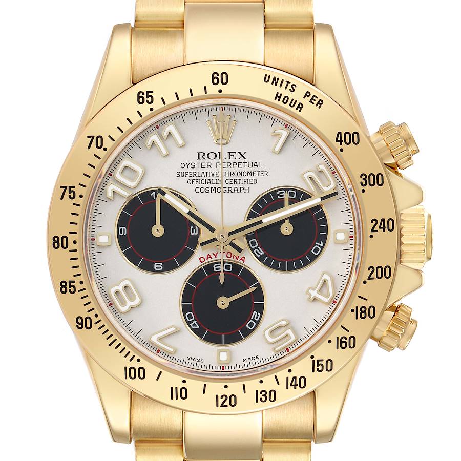 The Rolex Daytona 116528 Men's Yellow Gold Silver Dial watch is shown from a front angle, highlighting the dial, bezel, and pushers.