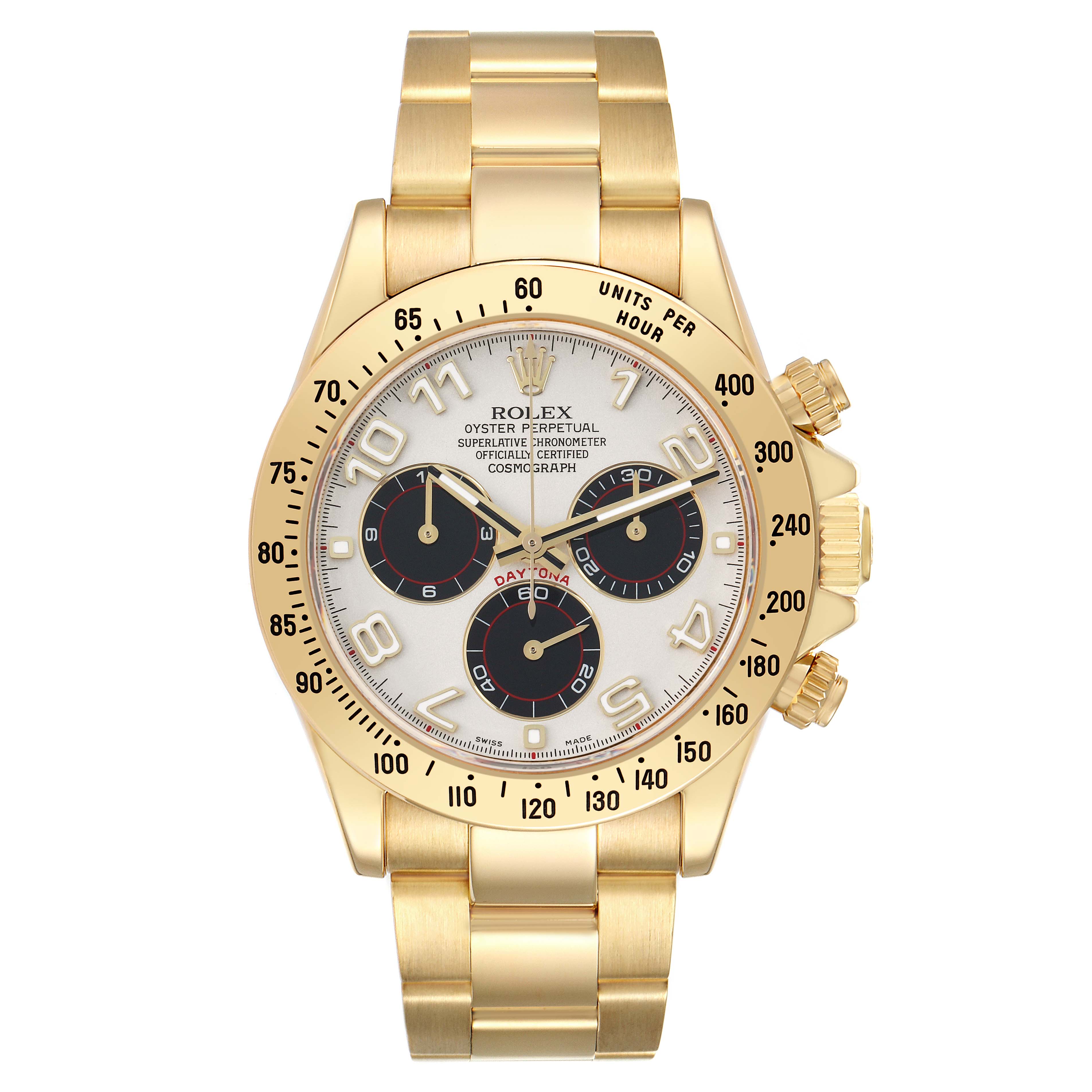 The Rolex Daytona 116528 Men
s Yellow Gold Silver Dial watch is shown front-facing, displaying its dial, bezel, crown, and bracelet.