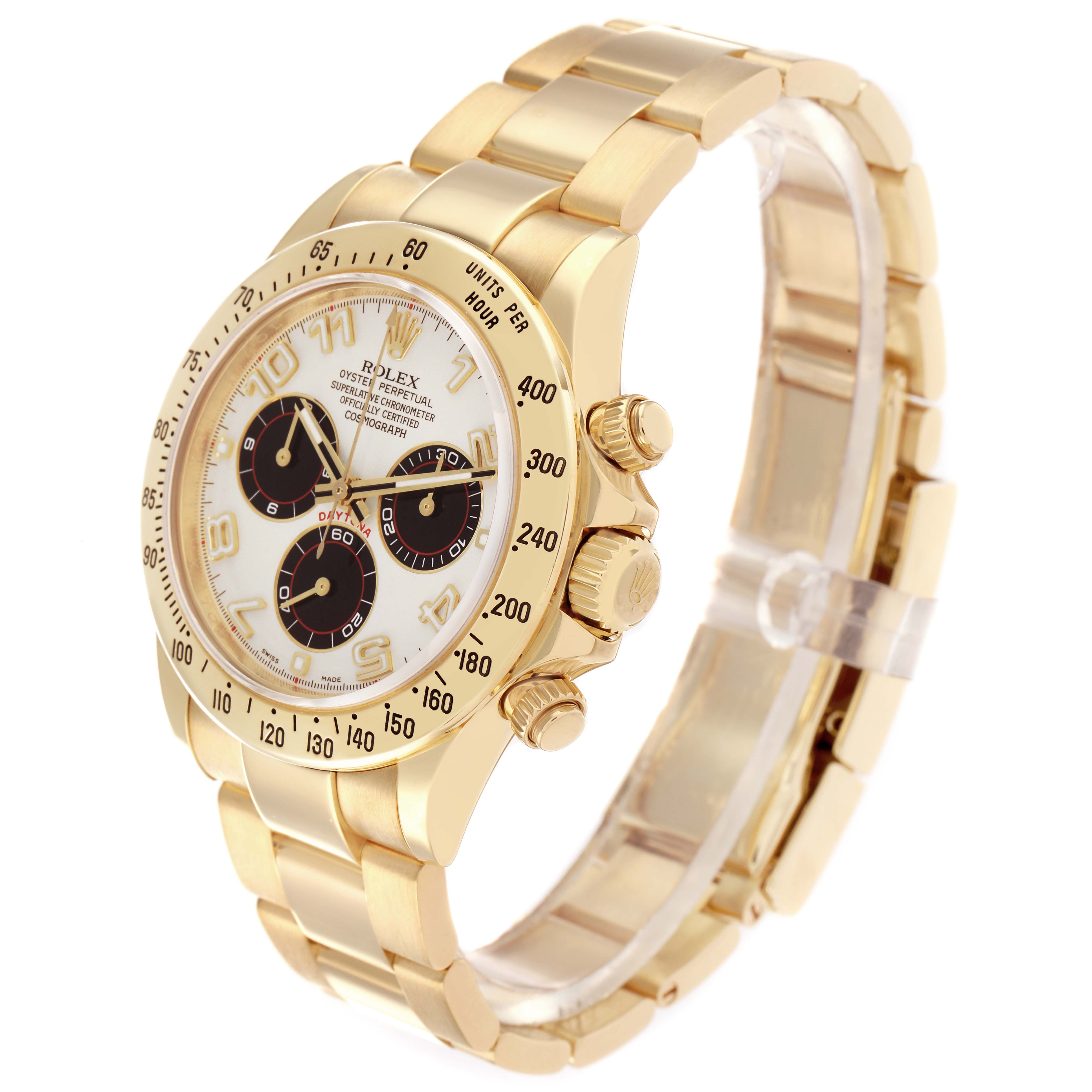 The Rolex Daytona 116528 Men
s Yellow Gold Silver Dial watch is shown from an angled side view, displaying the bracelet, crown, and dial with subdials.