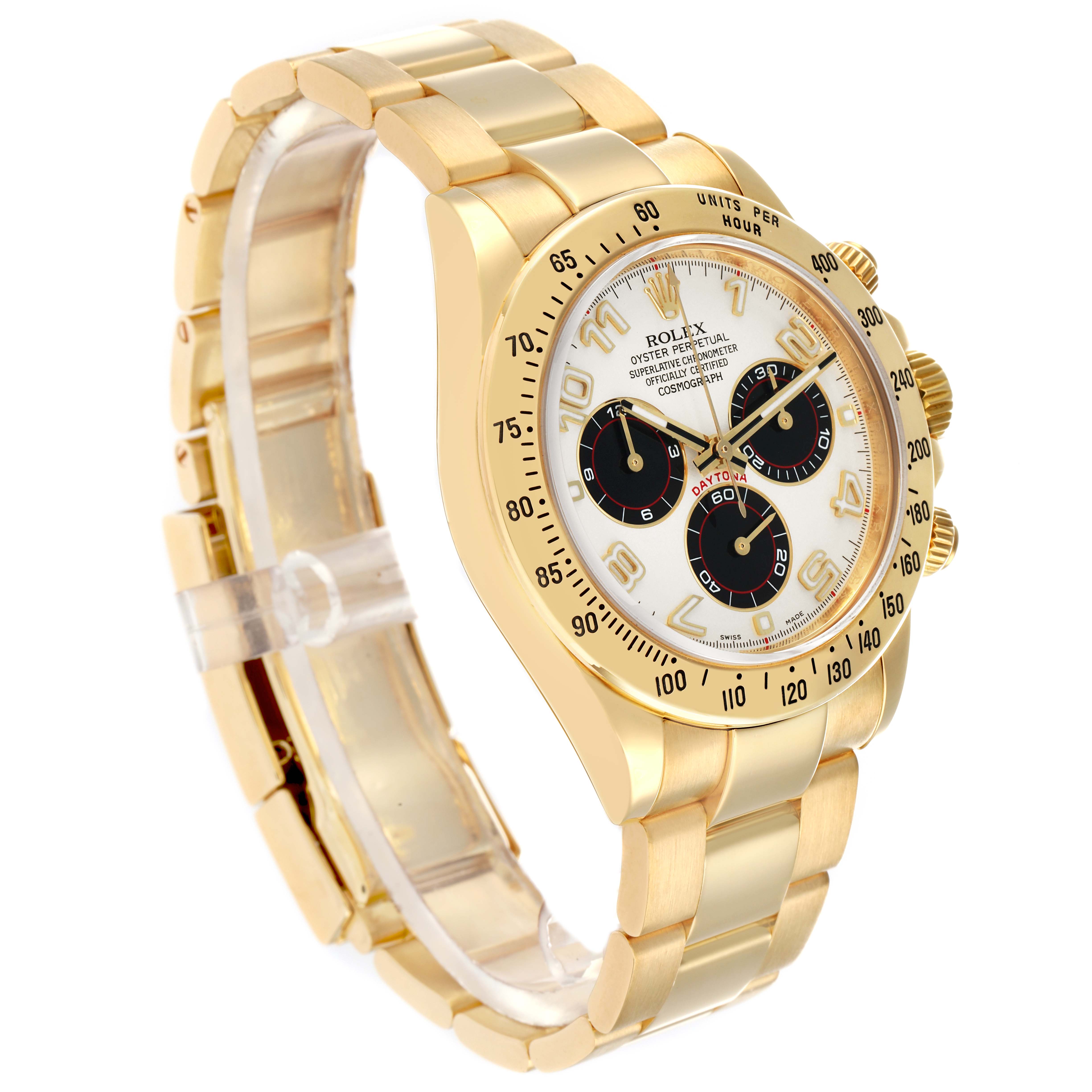 This Rolex Daytona 116528 Men
s Yellow Gold Silver Dial watch is shown from a three-quarter angle, displaying the face, bezel, crown, and bracelet prominently.
