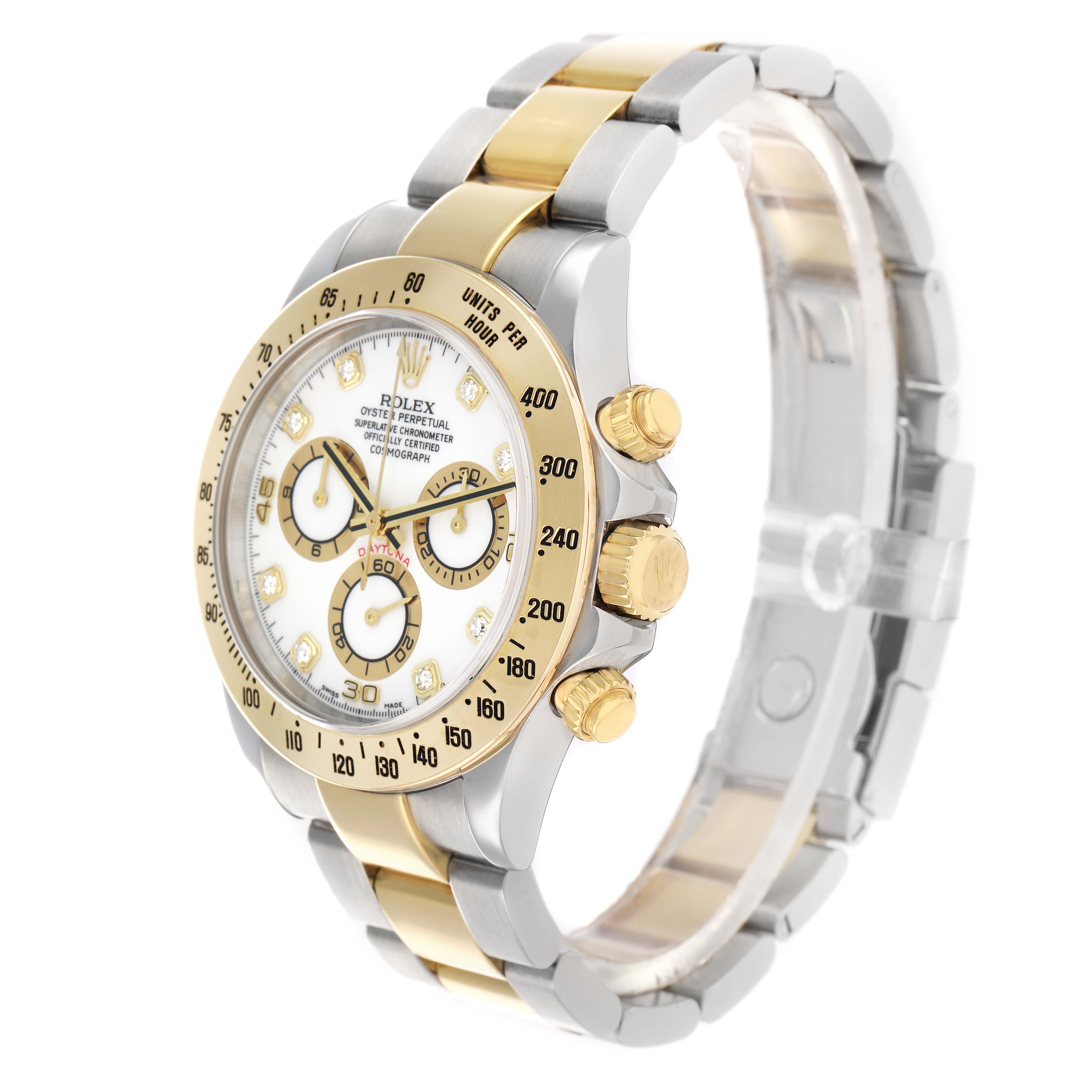 The Rolex Daytona 116523 Men
s Steel and Gold (two tone) White Dial watch is shown at a slight angle, displaying the bezel, dial, crown, pushers, and part of the bracelet.