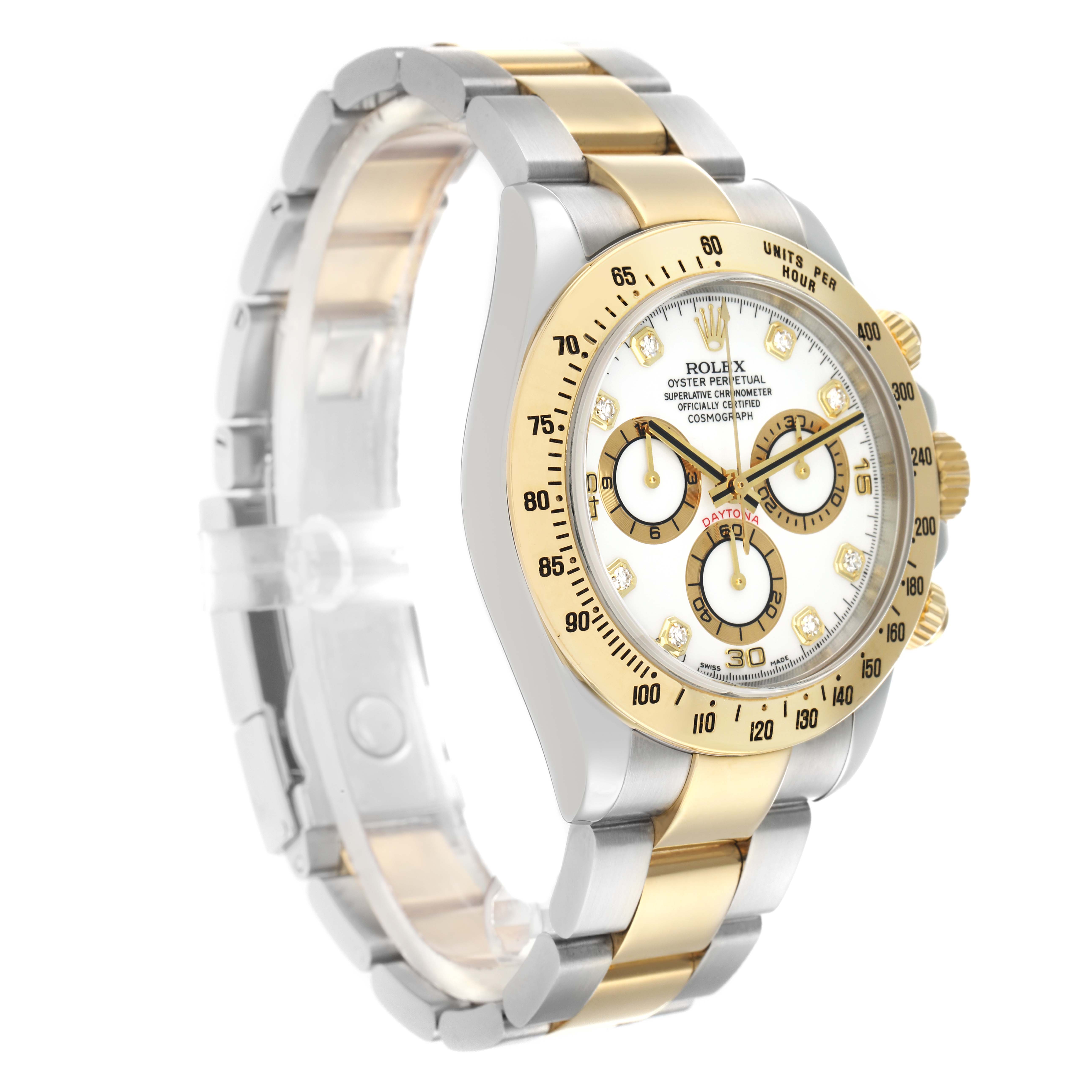 The Rolex Daytona 116523 Men
s Steel and Gold (two tone) White Dial watch is shown from a three-quarter angle, highlighting its bezel, dial, and two-tone bracelet.