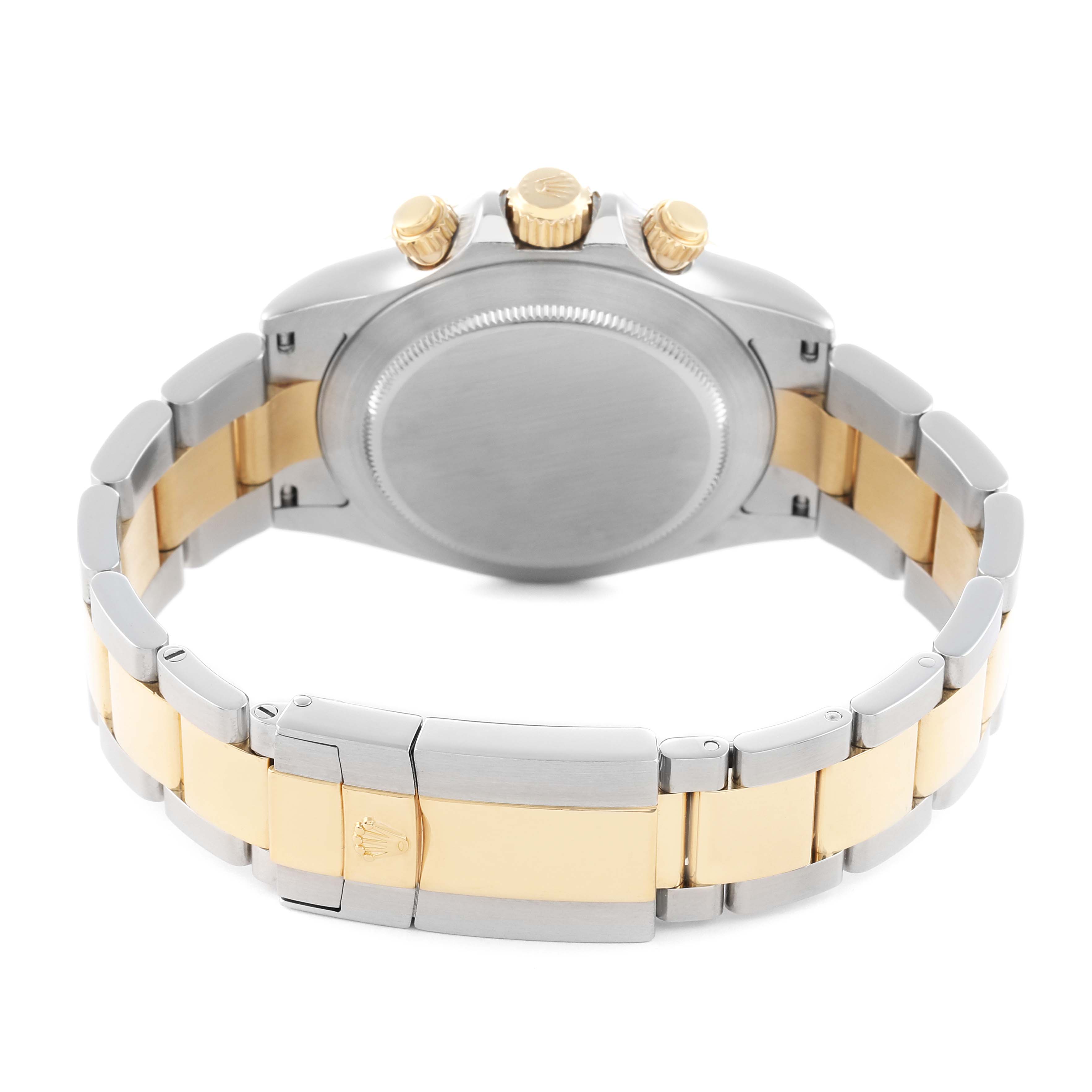 The Rolex Daytona 116523 Men
s Steel and Gold (two tone) White Dial watch is shown from the back, highlighting the clasp, bracelet, case back, and crown.