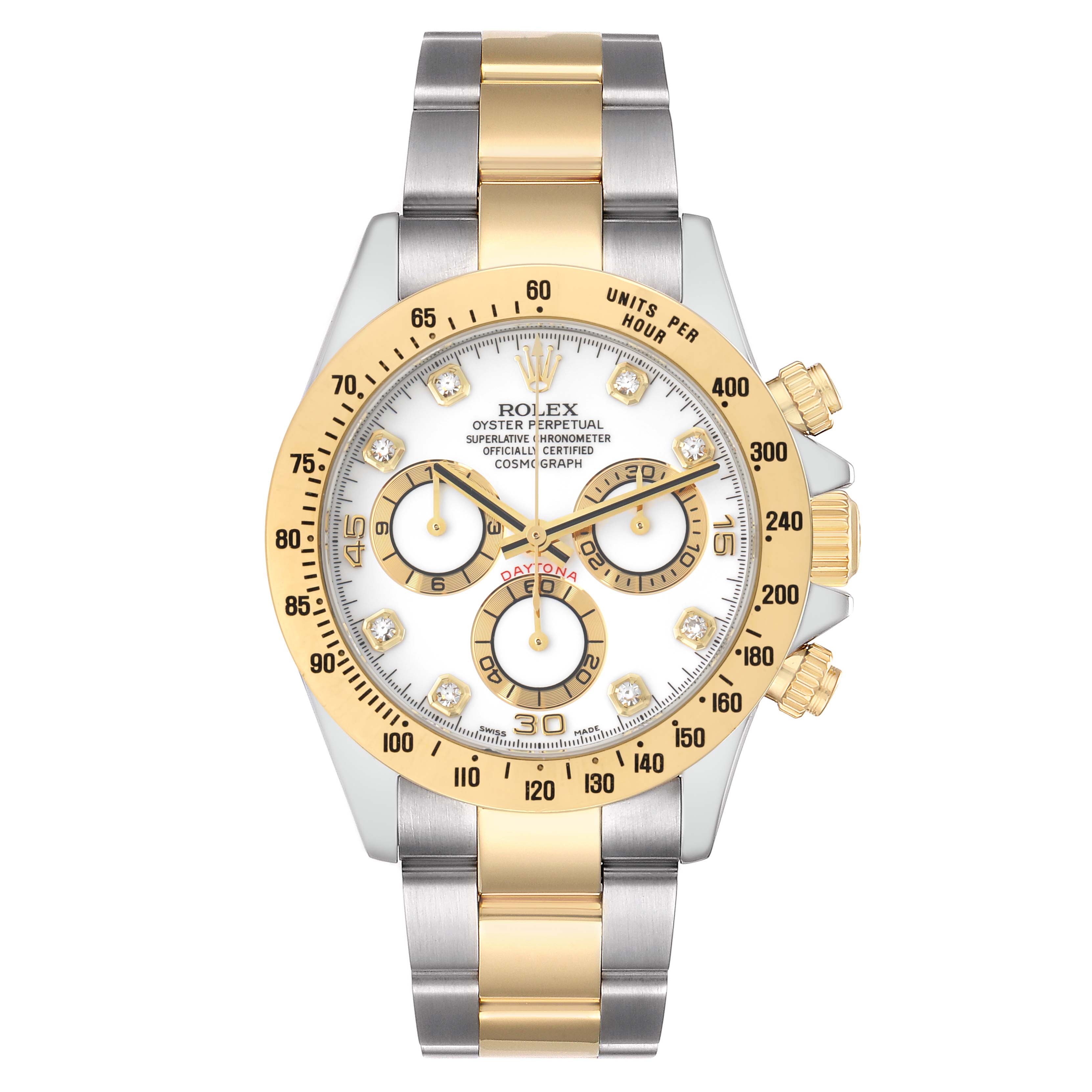 The Rolex Daytona 116523 Men
s Steel and Gold (two tone) White Dial watch is shown from a front view, highlighting the face, bezel, and bracelet.