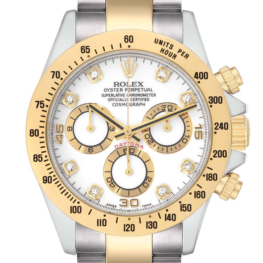 The Rolex Daytona 116523 Men's Steel and Gold (two tone) White Dial watch is shown from a top view, highlighting the dial, bezel, and three subdials.