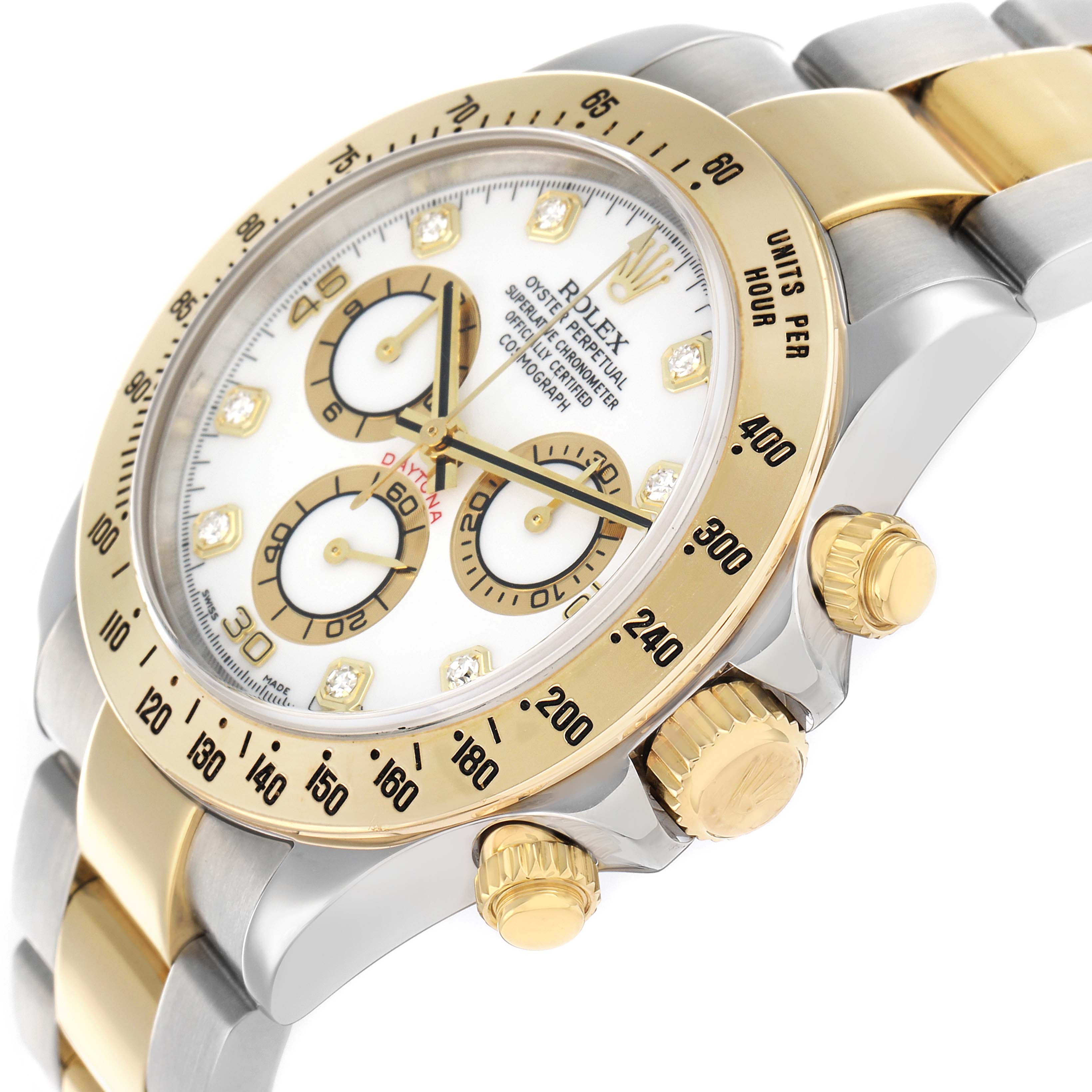 The Rolex Daytona 116523 Men
s Steel and Gold (two tone) White Dial is shown from an angled side view, highlighting the bezel, dial, pushers, and bracelet.