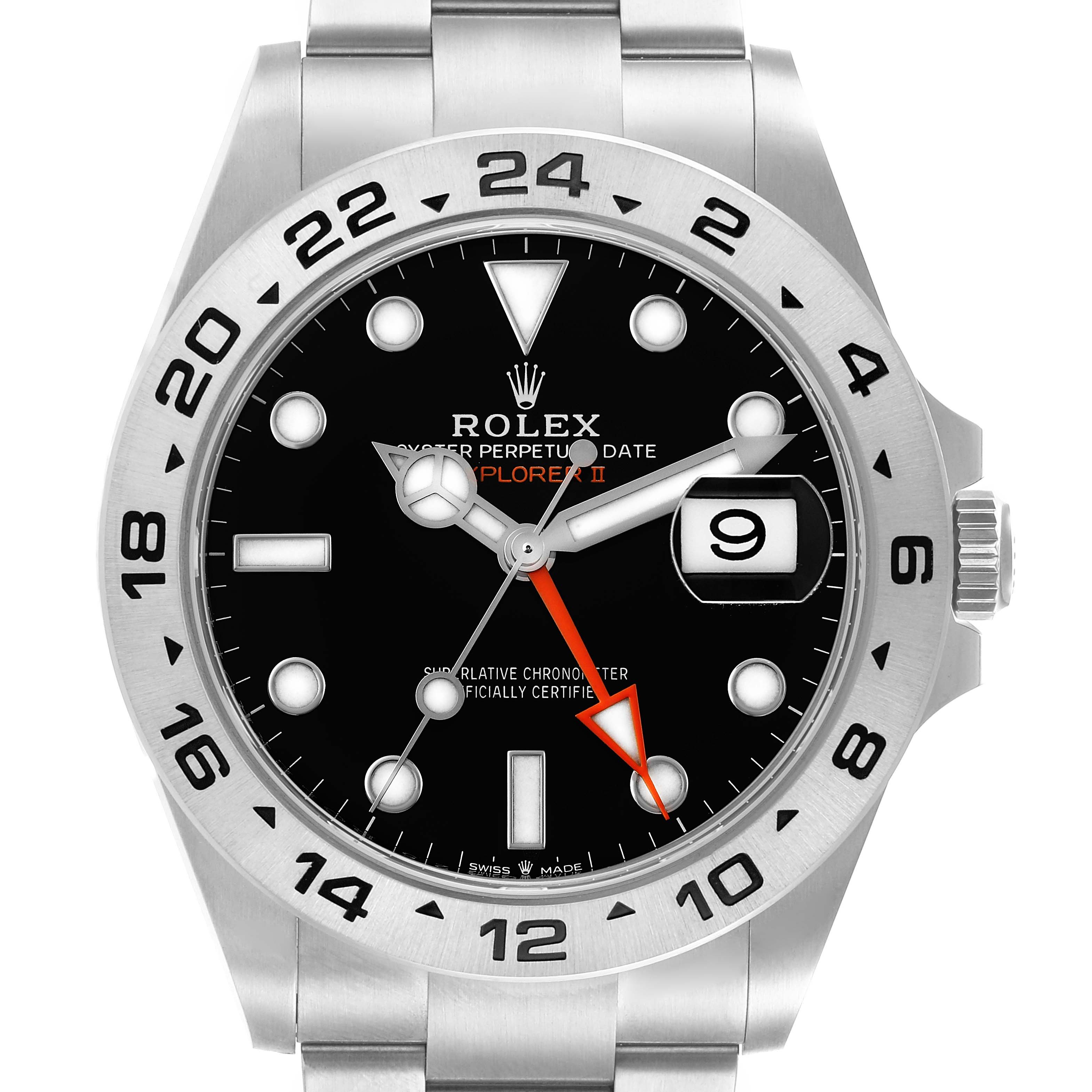 The image shows a front view of a Rolex Explorer 226570 Men
s Stainless Steel Black Dial 226570 Men
s Stainless Steel Black Dial watch, including the dial, bezel, and part of the bracelet.