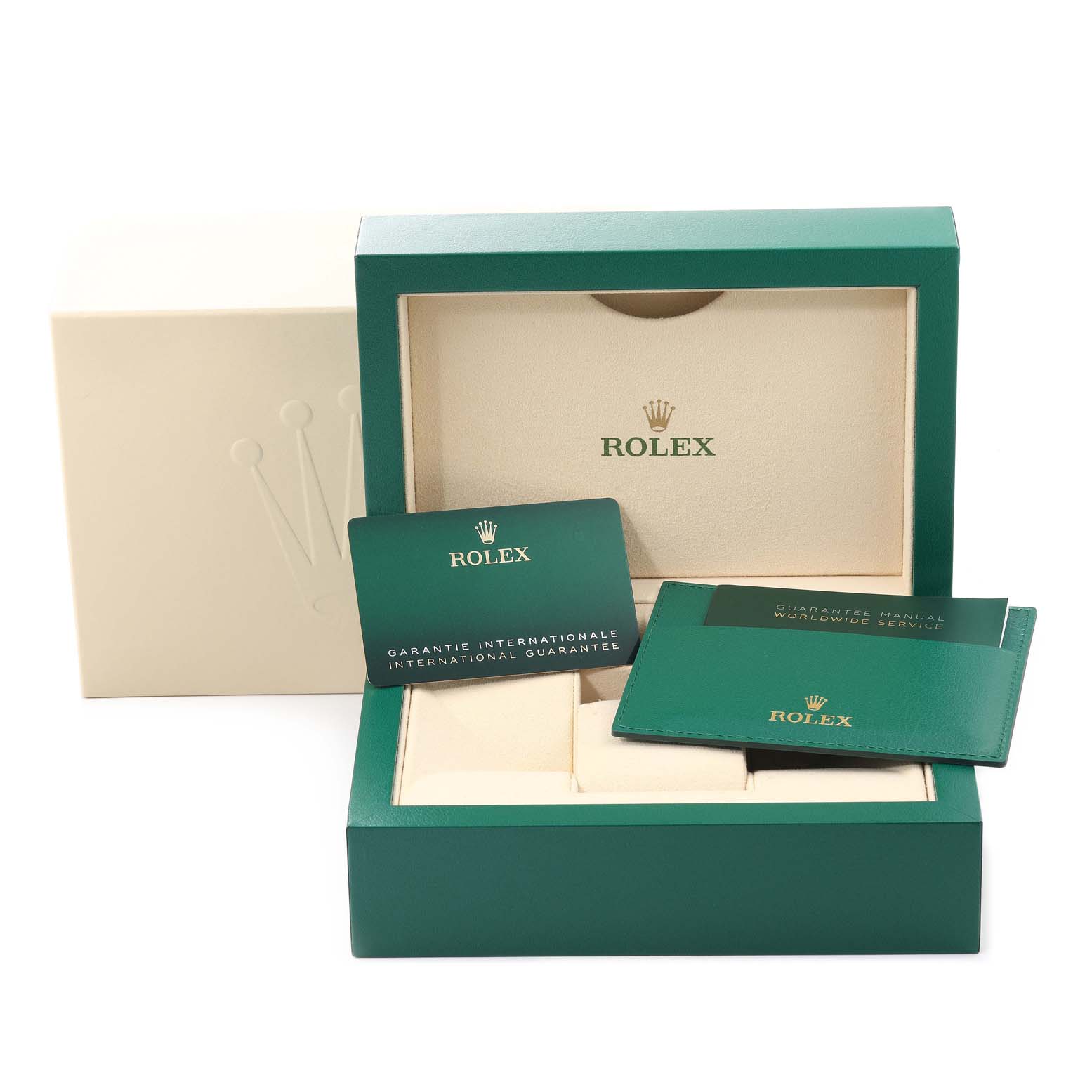 The image shows the packaging, warranty card, and manual for the Rolex Explorer 226570 Men
s Stainless Steel Black Dial 226570 Men
s Stainless Steel Black Dial model.