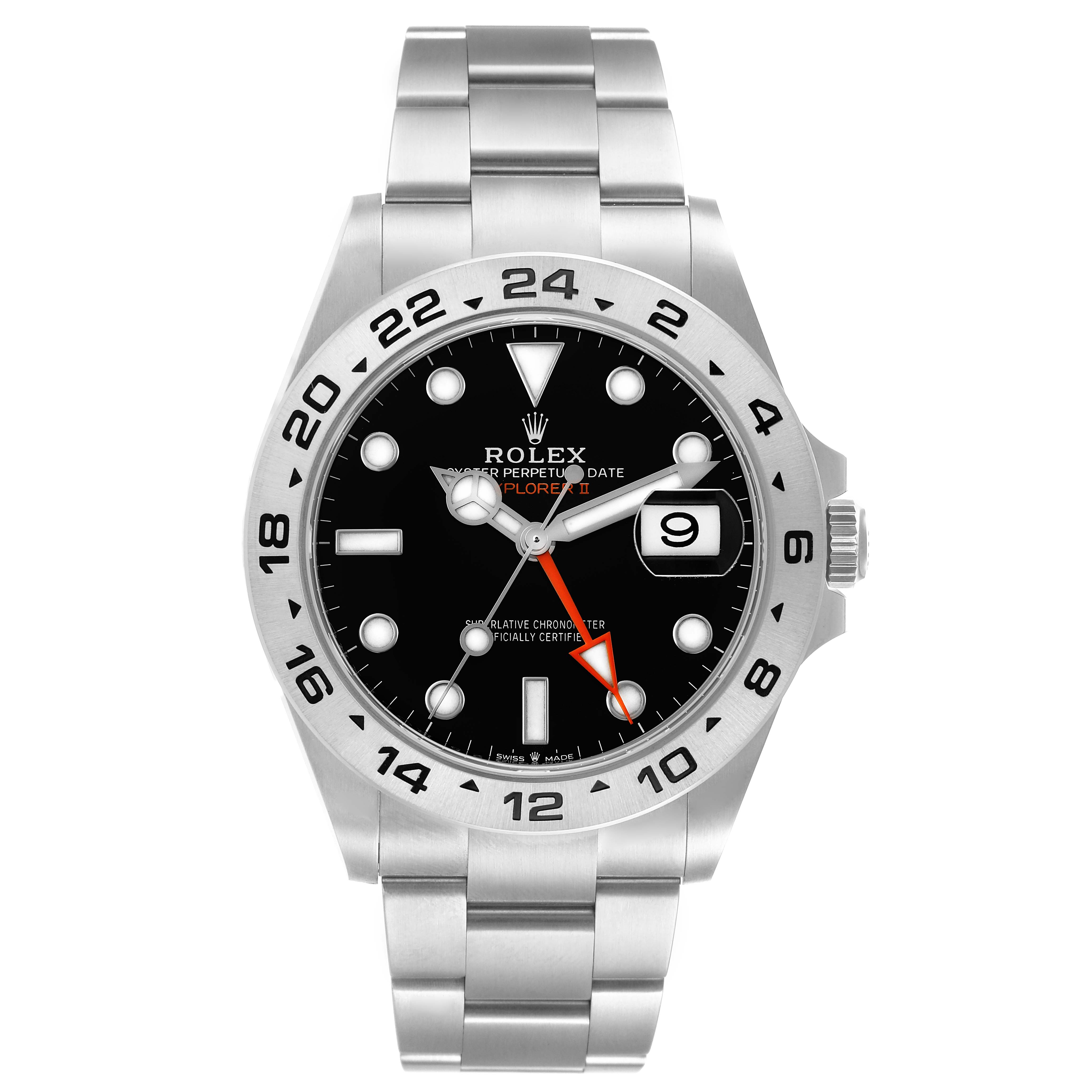 This image shows a frontal view of a Rolex Explorer 226570 Men
s Stainless Steel Black Dial 226570 Men
s Stainless Steel Black Dial watch, highlighting its dial, bezel, and bracelet.