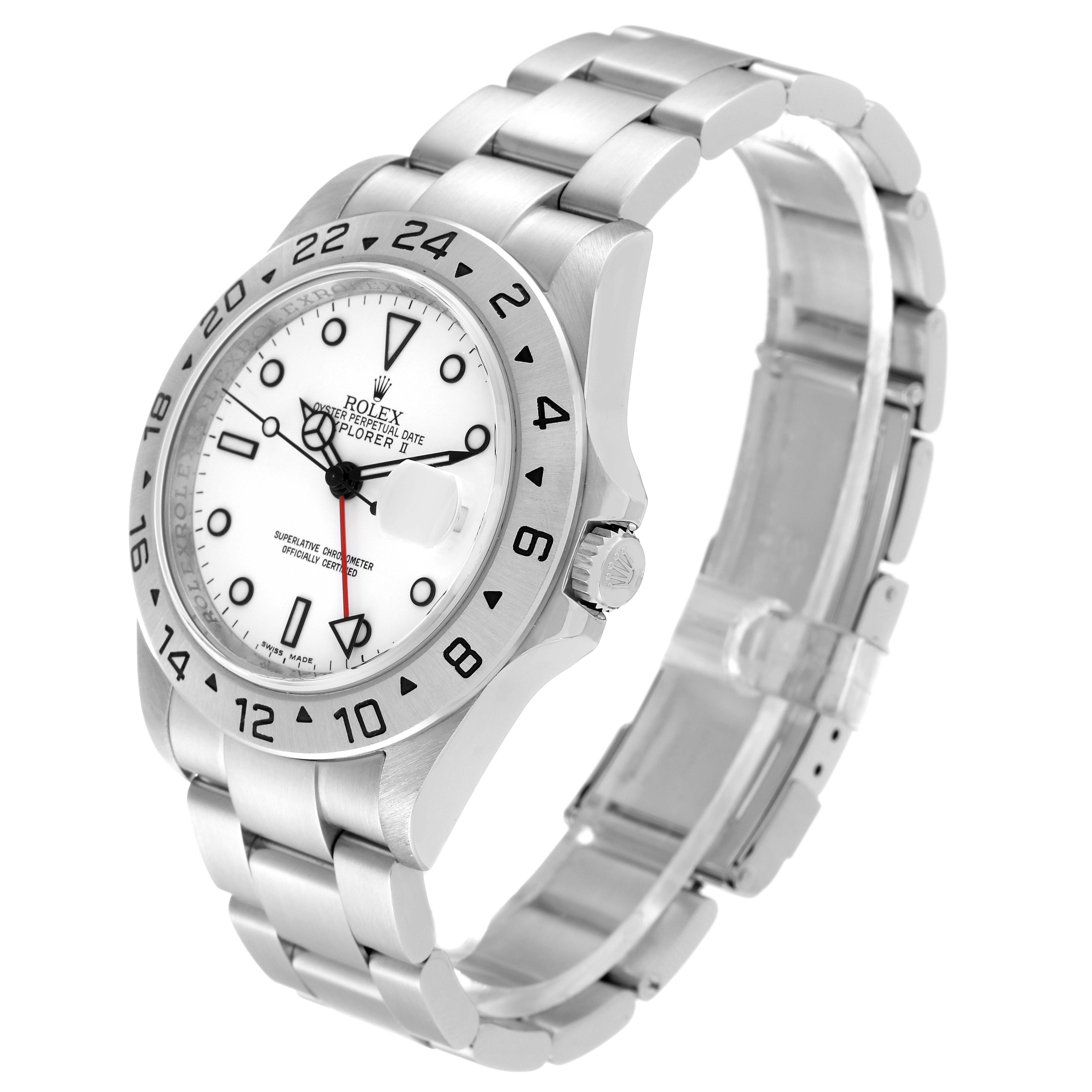 The image shows a side angle of the Rolex Explorer 16570 Men
s Stainless Steel White Dial 16570 Men
s Stainless Steel White Dial watch, highlighting the bezel, face, and bracelet.