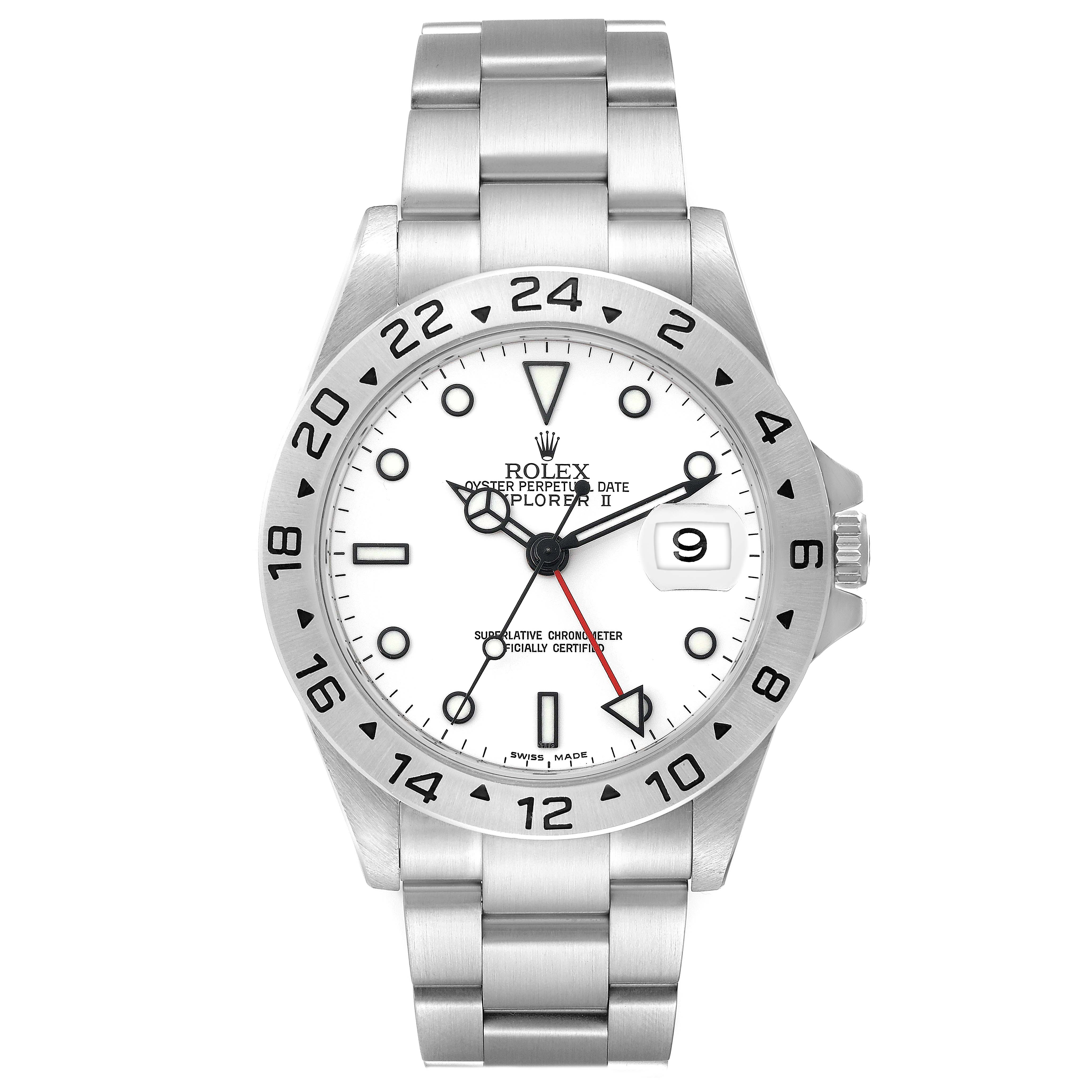 The image shows a front view of a Rolex Explorer 16570 Men
s Stainless Steel White Dial 16570 Men
s Stainless Steel White Dial watch, highlighting the dial, bezel, hands, bracelet, and crown.