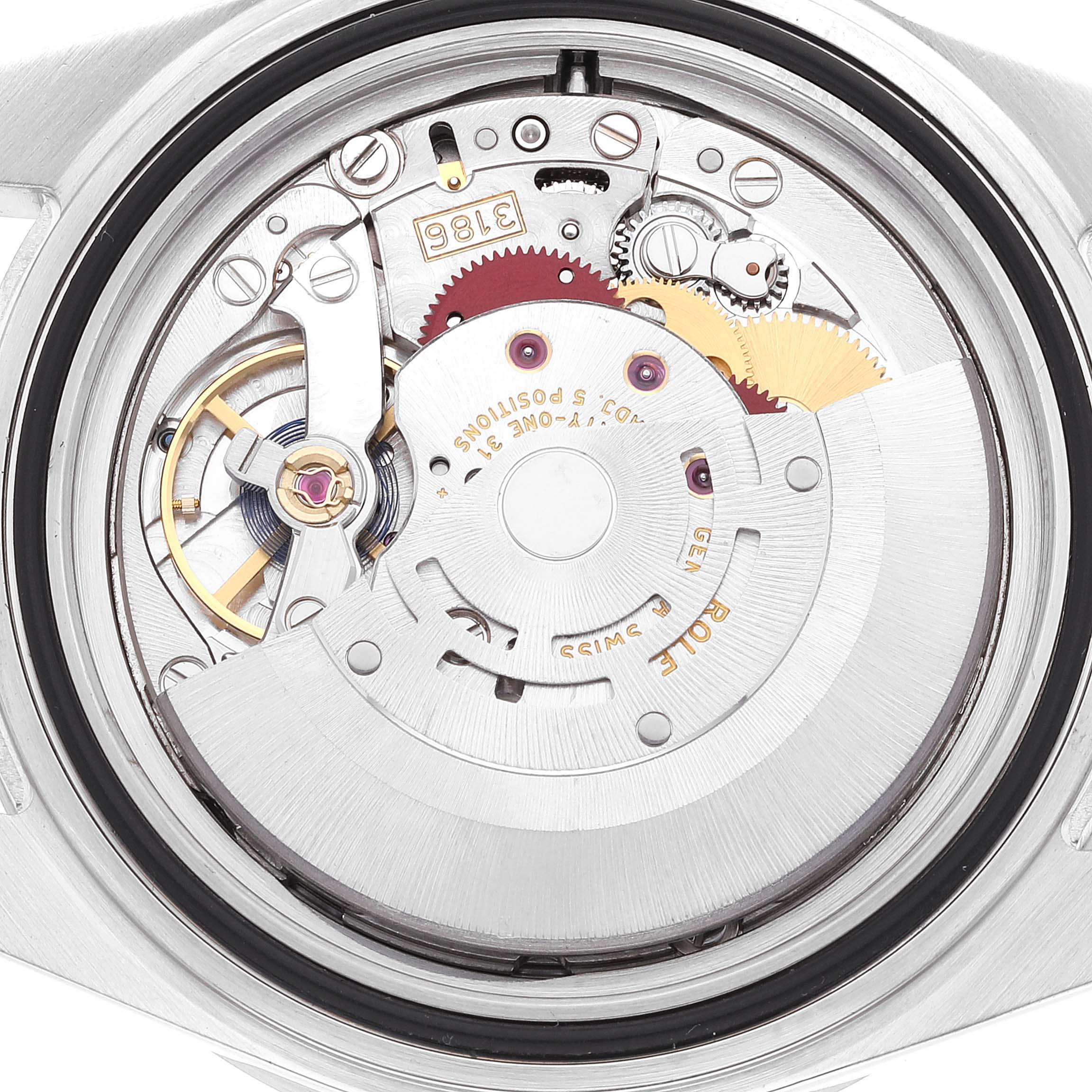 This image shows the Rolex Explorer 16570 Men
s Stainless Steel White Dial 16570 Men
s Stainless Steel White Dial model
s movement from the backside, highlighting intricate gears and mechanisms.