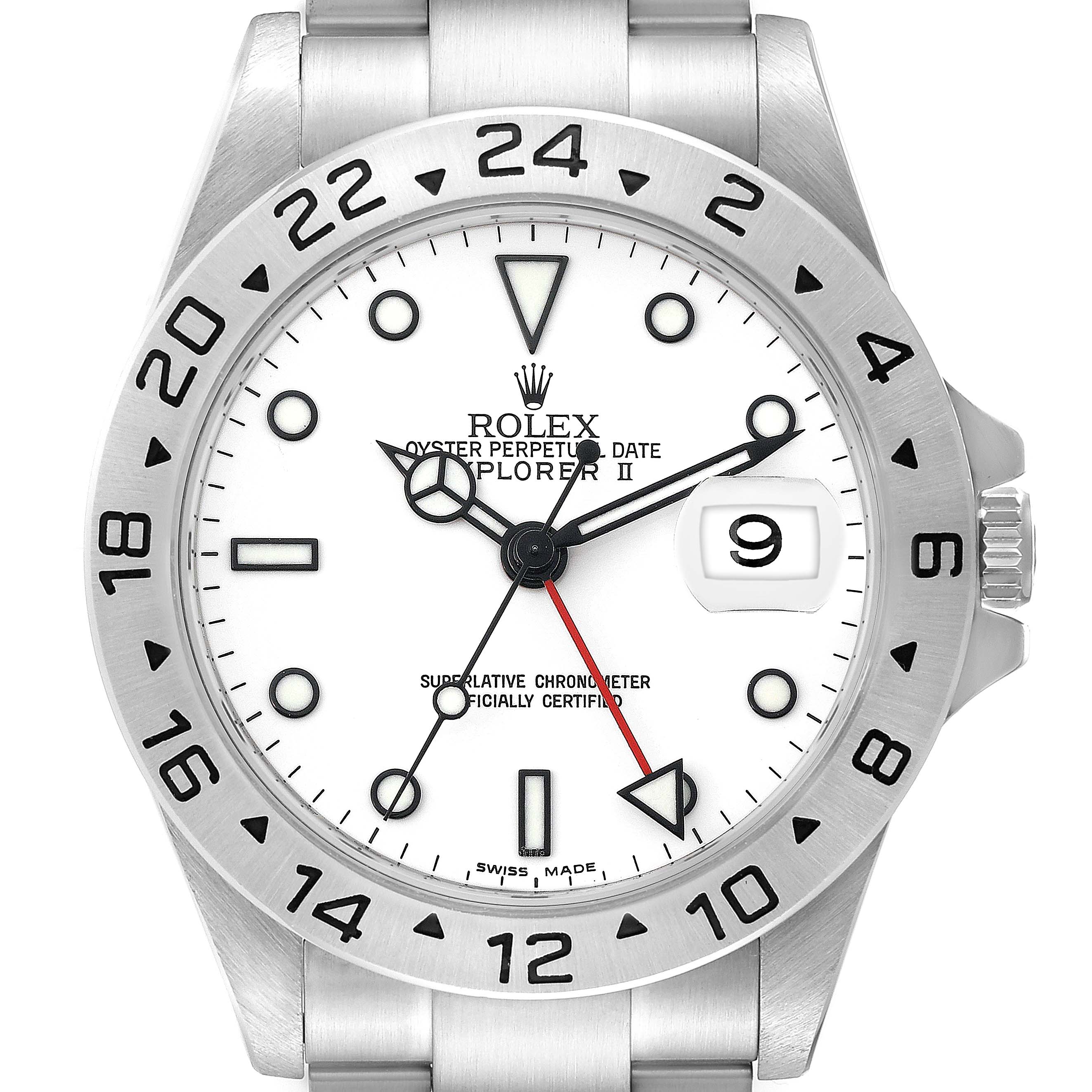 The image shows a front view of a Rolex Explorer 16570 Men
s Stainless Steel White Dial 16570 Men
s Stainless Steel White Dial watch, featuring the dial, bezel, and part of the bracelet.