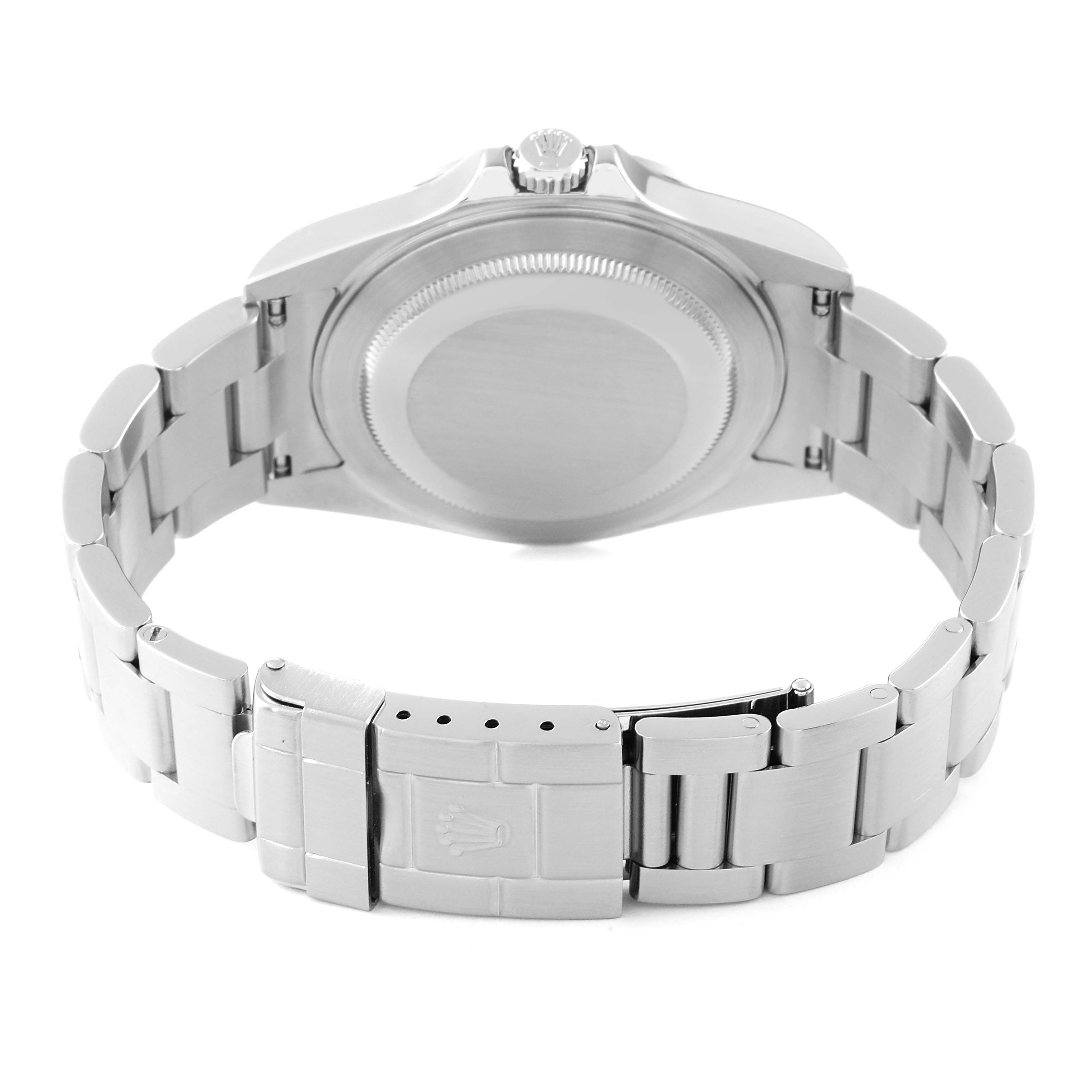 The image shows the back of the Rolex Explorer 16570 Men
s Stainless Steel White Dial 16570 Men
s Stainless Steel White Dial watch, highlighting its case back and bracelet with the clasp partially open.