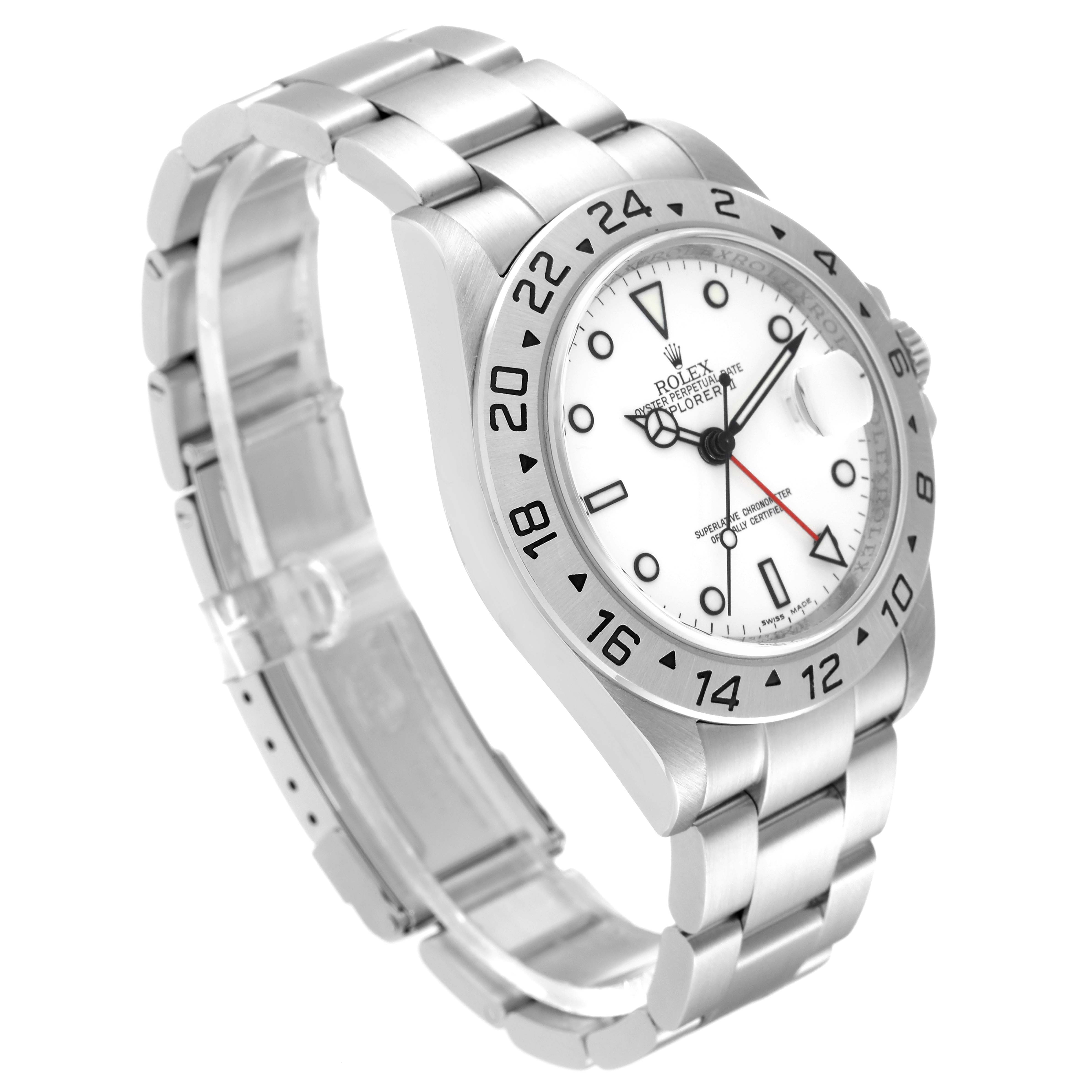 This image shows a Rolex Explorer 16570 Men
s Stainless Steel White Dial 16570 Men
s Stainless Steel White Dial watch at a three-quarter angle, highlighting the dial, bezel, and stainless steel bracelet.
