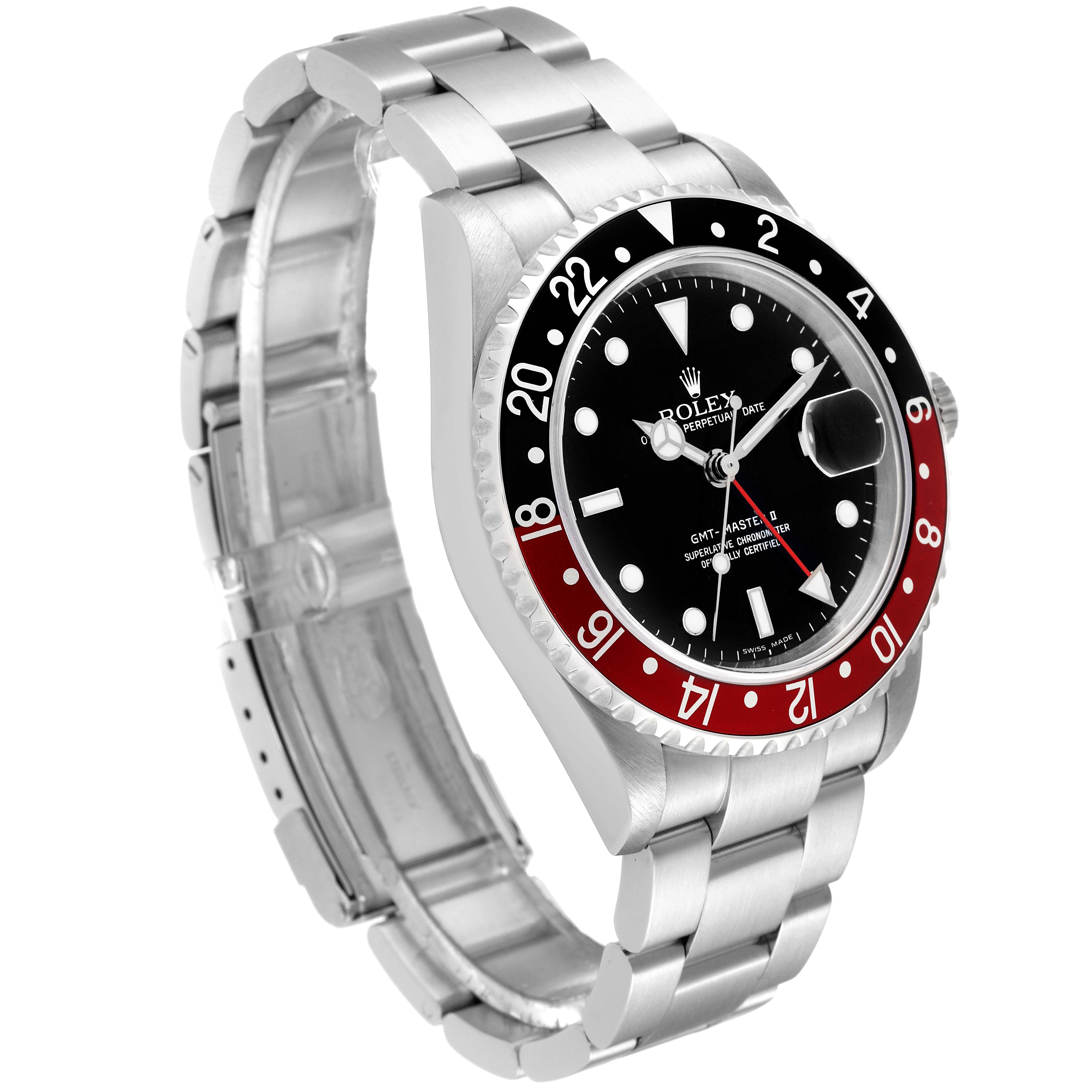 This Rolex GMT-Master 16710 Men's Stainless Steel Black Dial 16710 Men's Stainless Steel Black Dial watch is shown at an angle displaying the bracelet, bezel, dial, and crown.