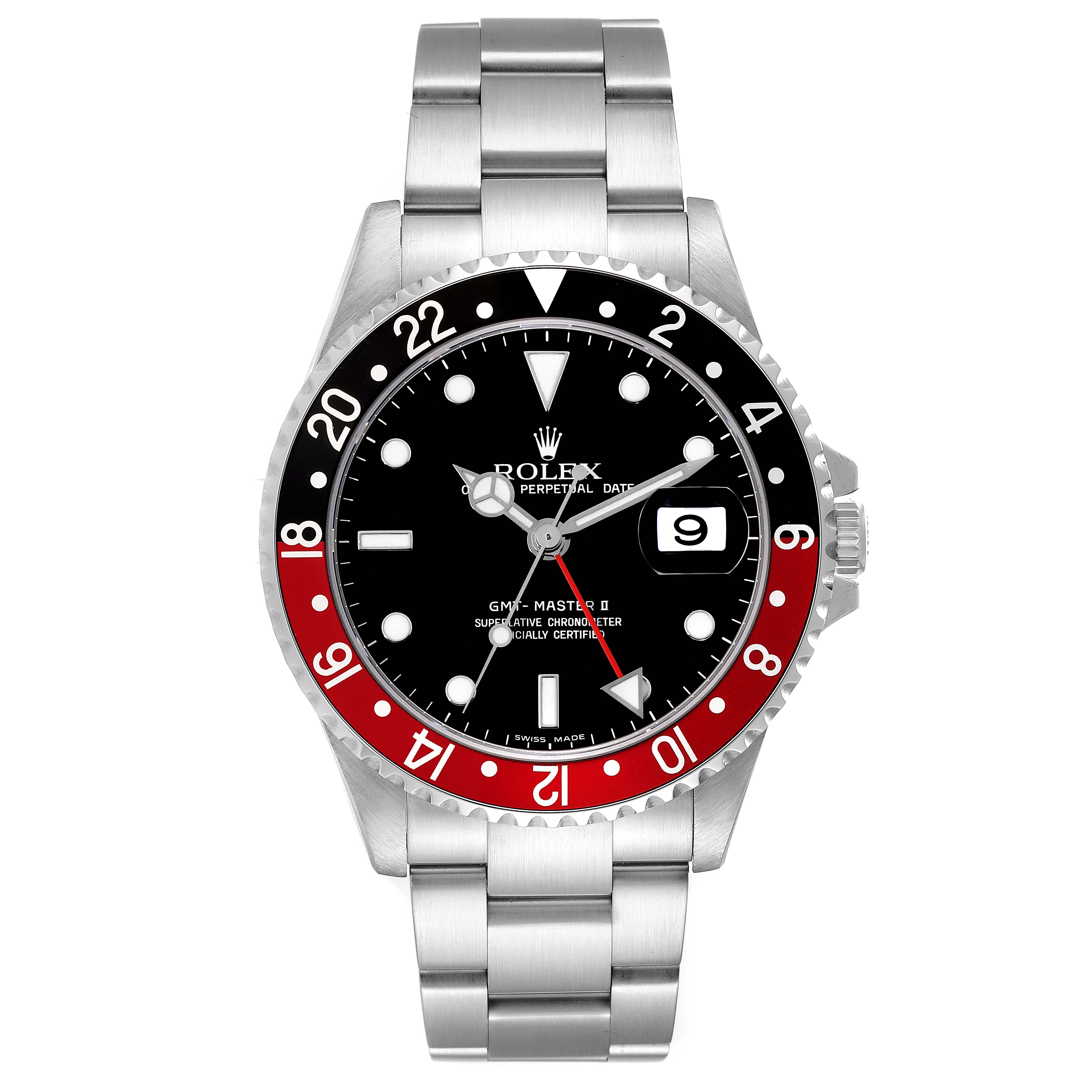 The image shows a front view of the Rolex GMT-Master 16710 Men's Stainless Steel Black Dial 16710 Men's Stainless Steel Black Dial watch, highlighting its bezel, dial, and bracelet.