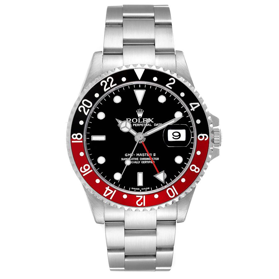 Rolex GMT Master II Black Red Coke Bezel Box Dial Steel Mens