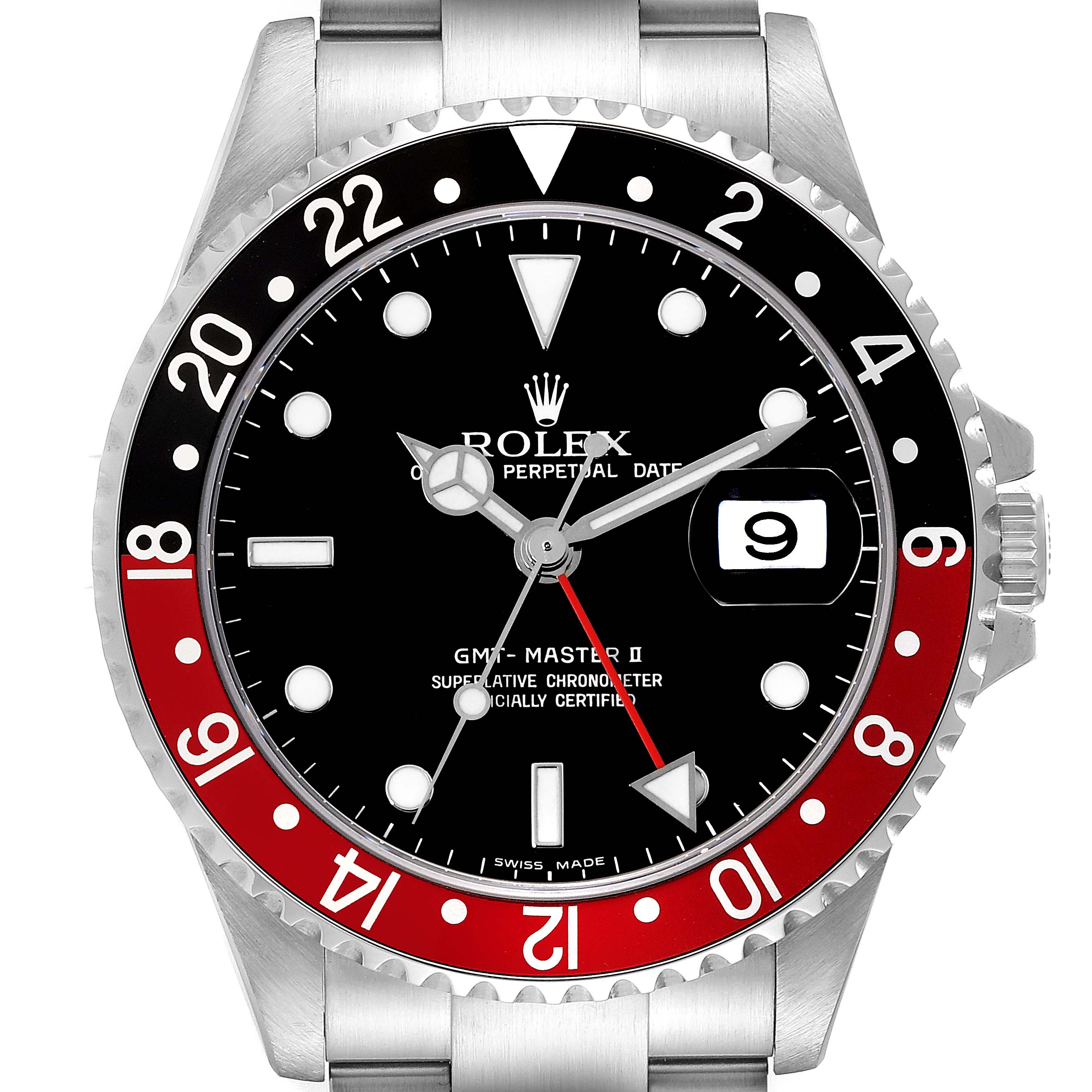 This image shows a front view of a Rolex GMT-Master 16710 Men's Stainless Steel Black Dial 16710 Men's Stainless Steel Black Dial II watch, highlighting the face, bezel, and part of the bracelet.