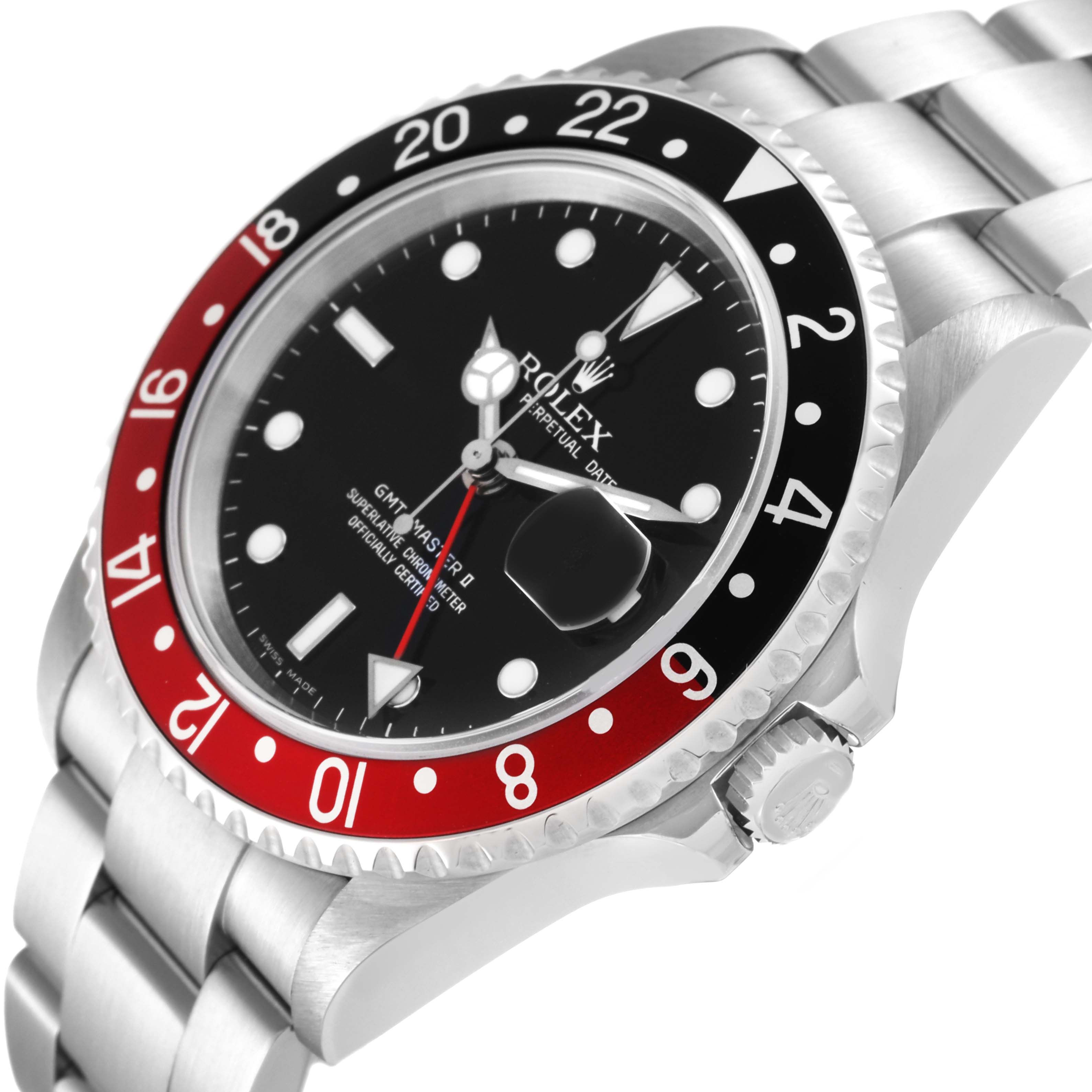 The image shows a close-up of the Rolex GMT-Master 16710 Men's Stainless Steel Black Dial 16710 Men's Stainless Steel Black Dial watch, highlighting the watch face, bezel, crown, and part of the bracelet at an angle.