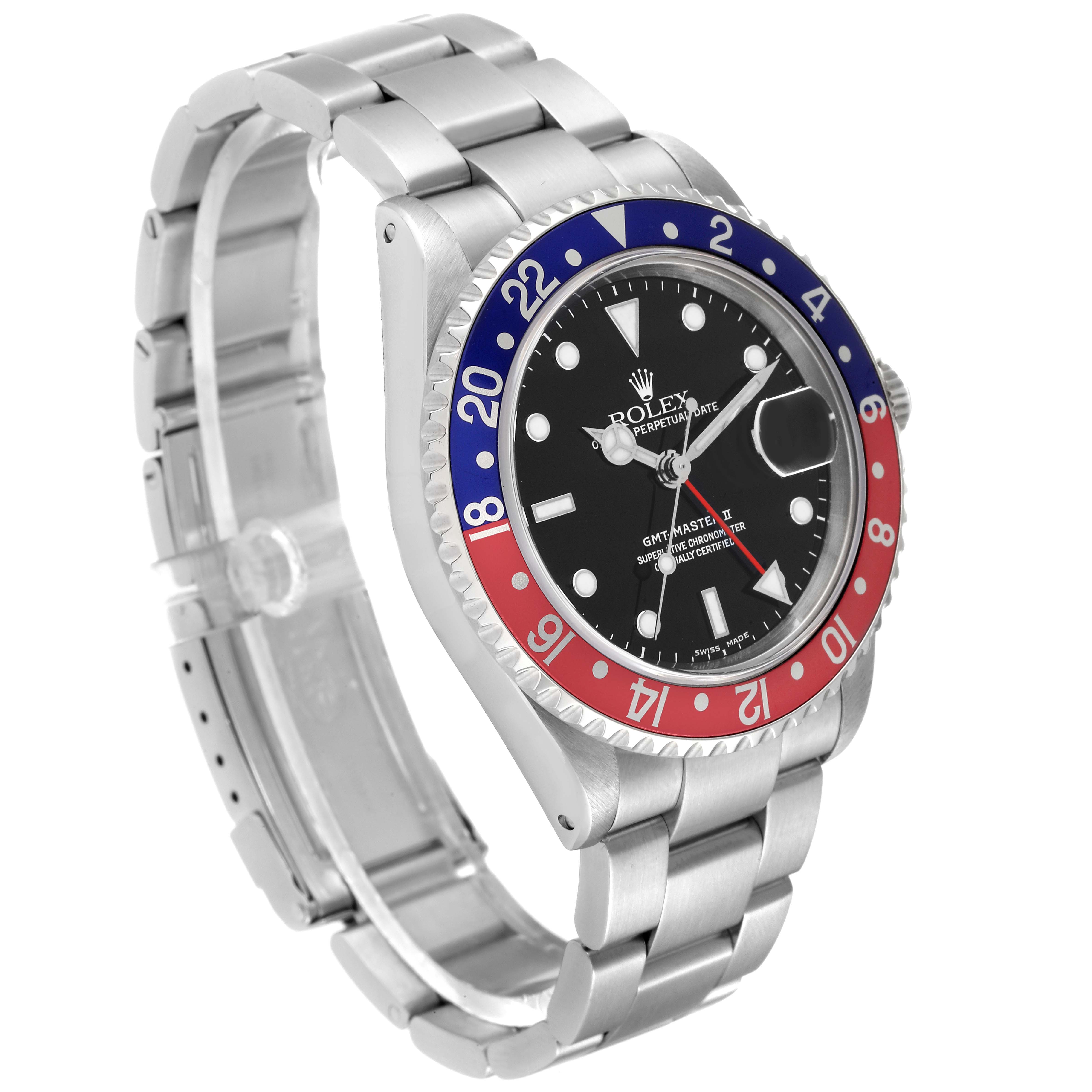 This Rolex GMT-Master 16710 Men's Stainless Steel Black Dial 16710 Men's Stainless Steel Black Dial watch is shown from an angled side view, displaying the dial, bezel, and bracelet.