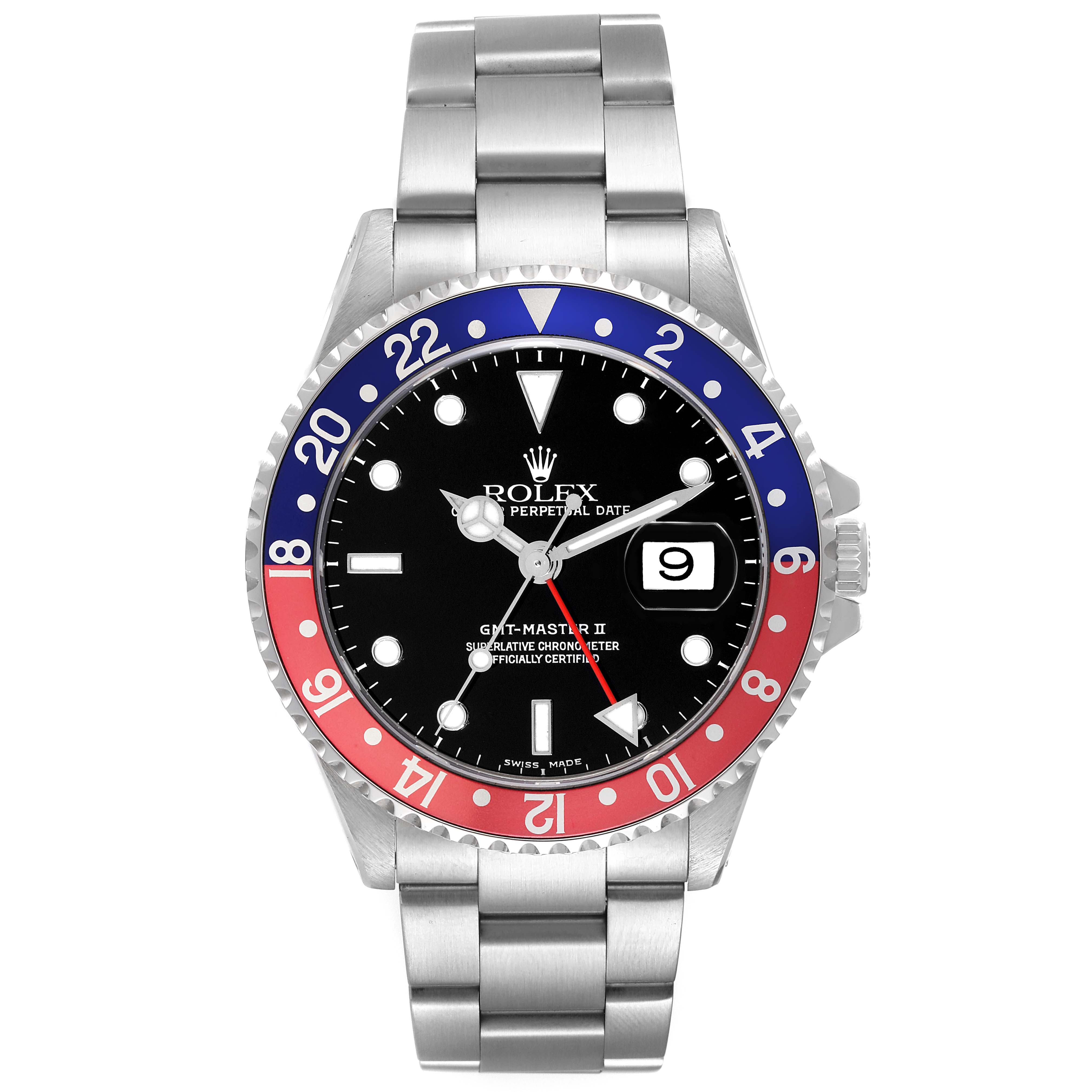 The Rolex GMT-Master 16710 Men's Stainless Steel Black Dial 16710 Men's Stainless Steel Black Dial II watch is shown from a front angle, displaying its dial, bezel, and bracelet.