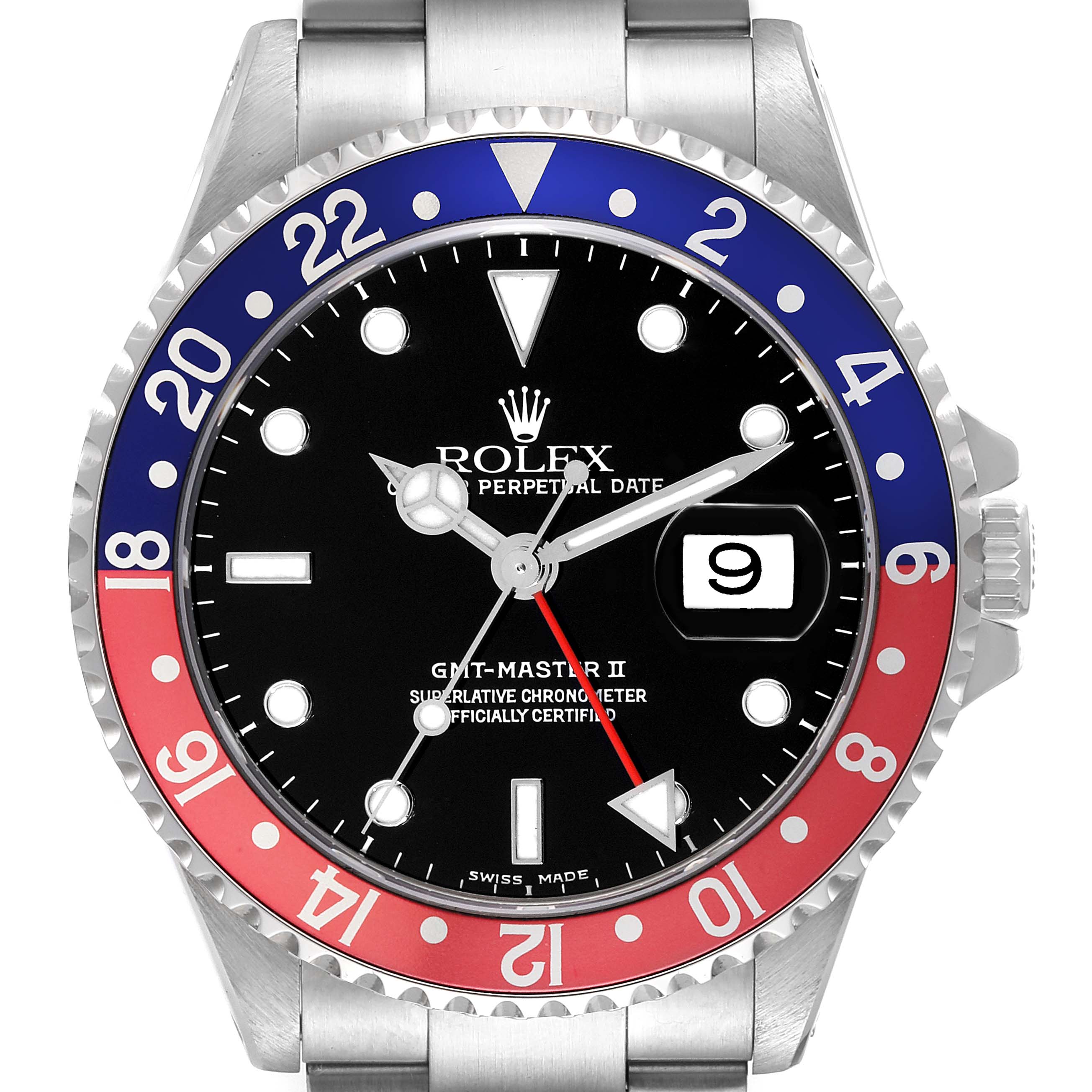 The image shows a front view of the Rolex GMT-Master 16710 Men's Stainless Steel Black Dial 16710 Men's Stainless Steel Black Dial II watch, highlighting its black dial, "Pepsi" bezel, and date display.