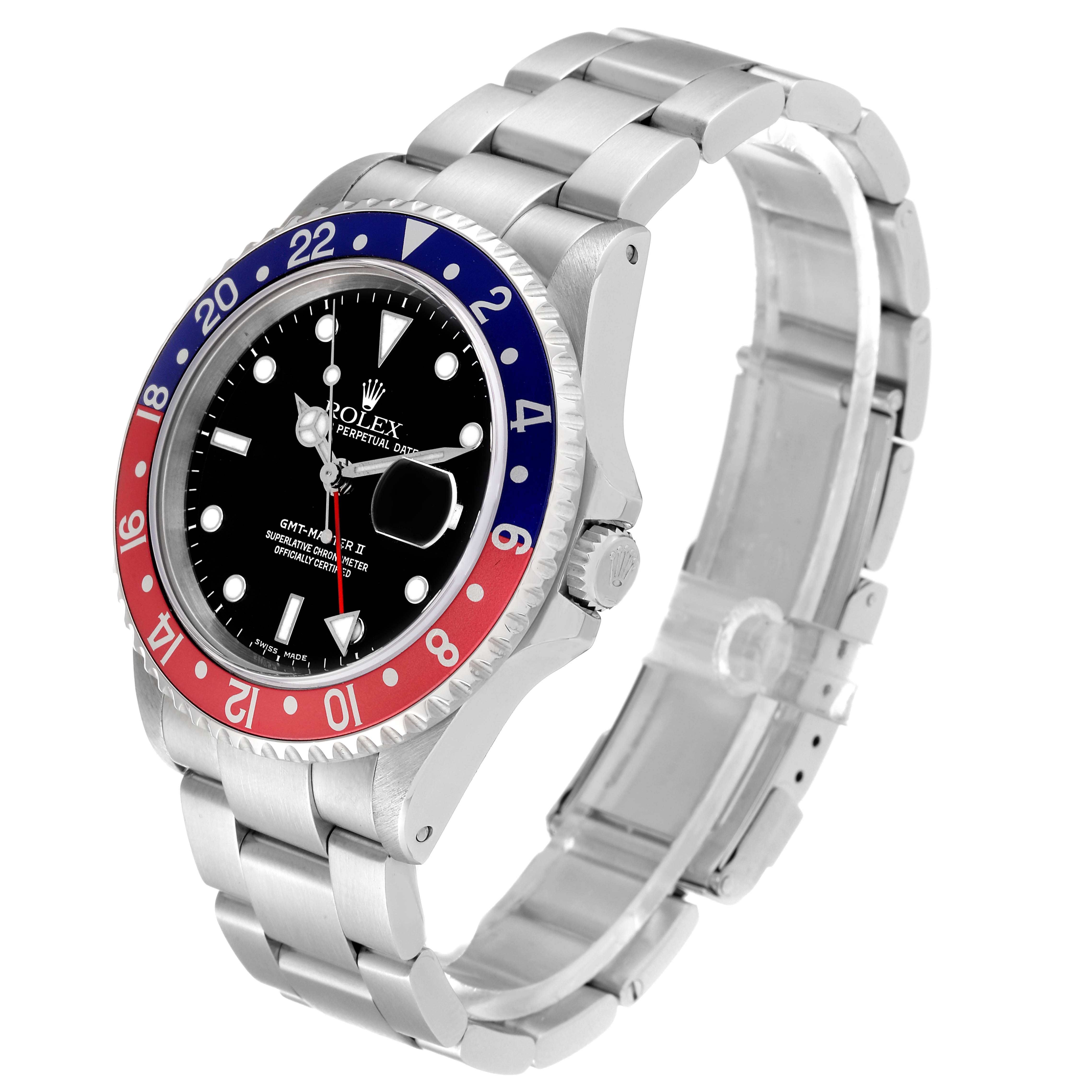 This Rolex GMT-Master 16710 Men's Stainless Steel Black Dial 16710 Men's Stainless Steel Black Dial watch is shown at an angle highlighting the bezel, dial, and stainless steel bracelet.
