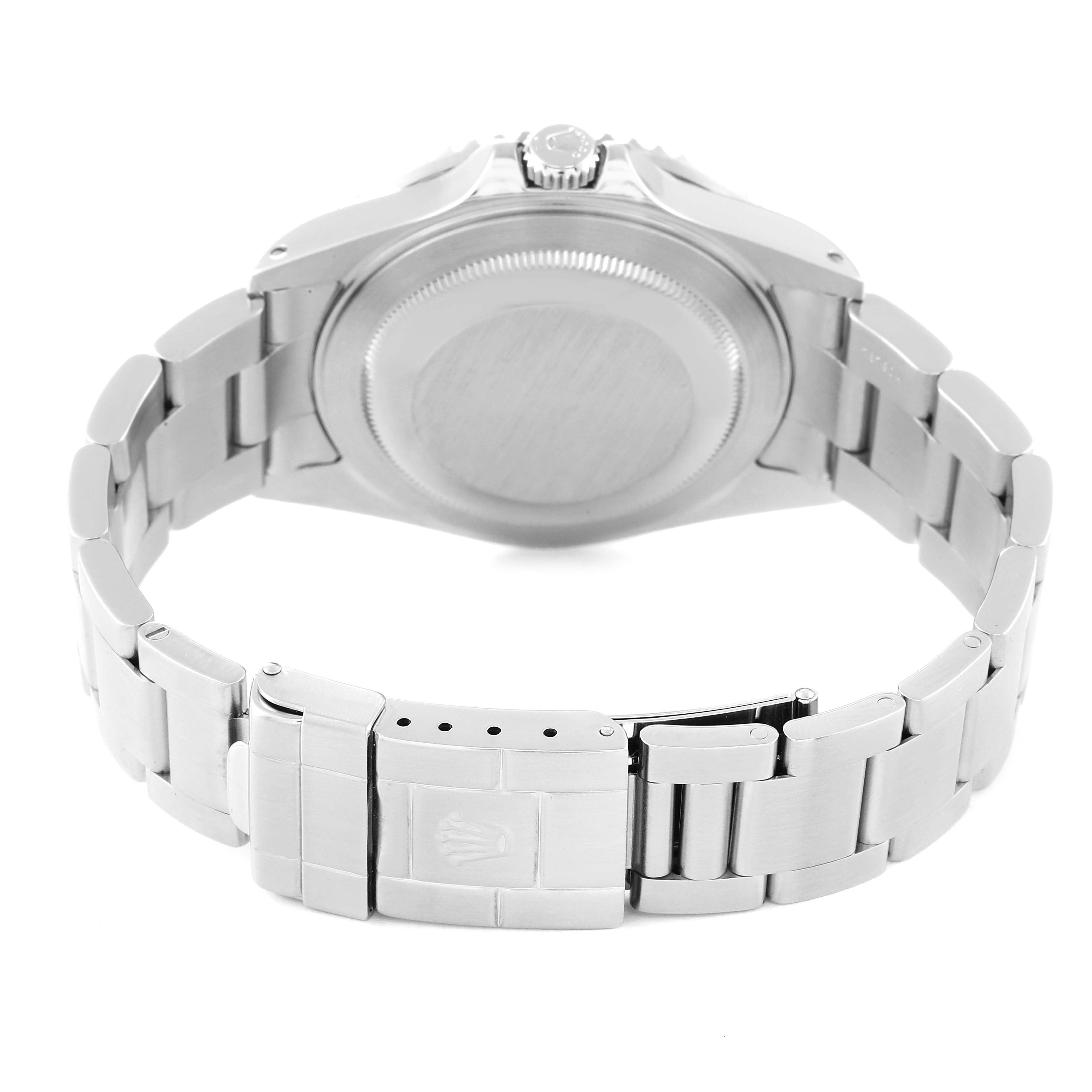 This image shows the back view of a Rolex GMT-Master 16710 Men's Stainless Steel Black Dial 16710 Men's Stainless Steel Black Dial watch, highlighting the bracelet and clasp.