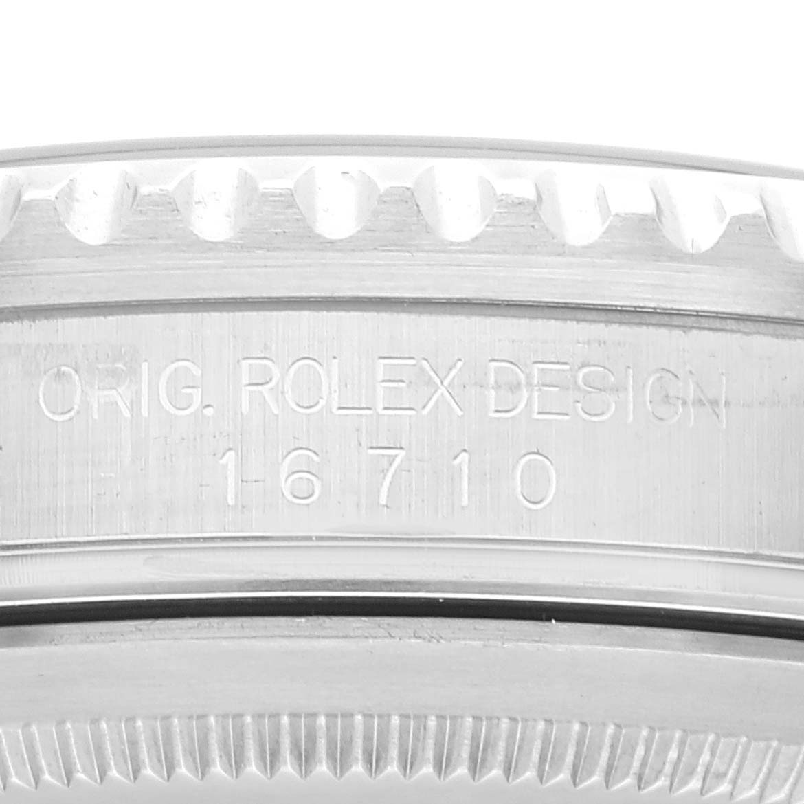 This image shows a close-up of the casing side for the Rolex GMT-Master 16710 Men's Stainless Steel Black Dial 16710 Men's Stainless Steel Black Dial with model number 16710.