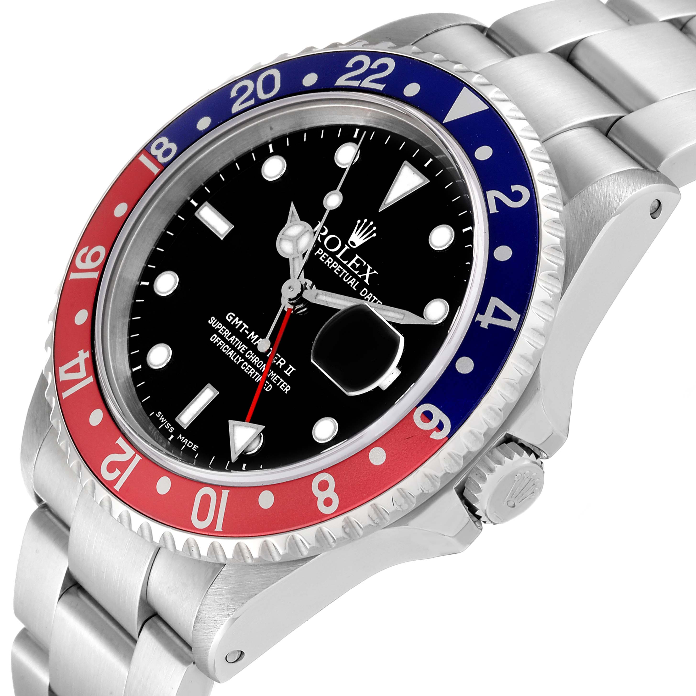 This image shows a Rolex GMT-Master 16710 Men's Stainless Steel Black Dial 16710 Men's Stainless Steel Black Dial II watch from an angled side perspective, highlighting the bezel, dial, and part of the bracelet.