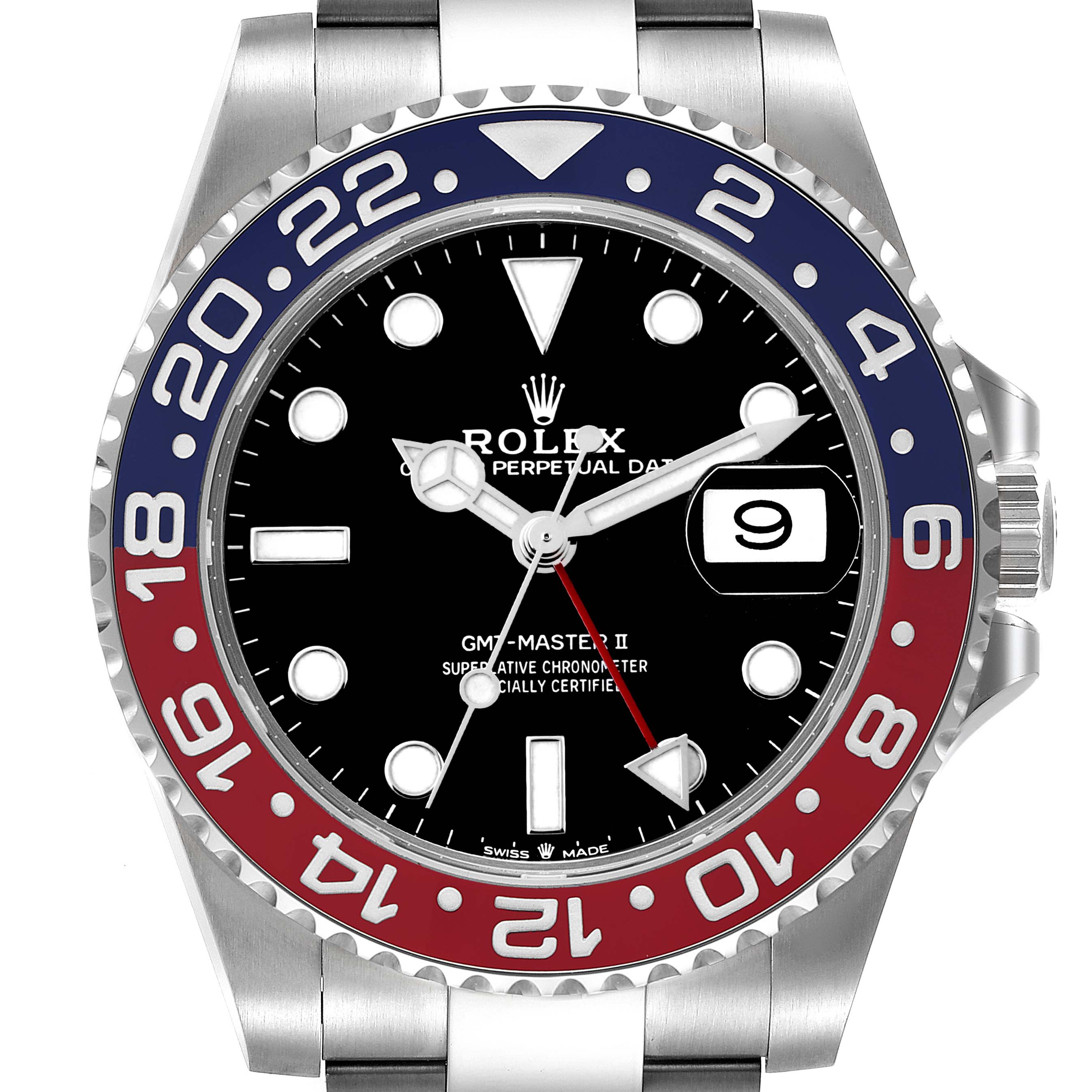 The image shows a frontal view of a Rolex GMT-Master 126710 Men's Stainless Steel Black Dial 126710 Men's Stainless Steel Black Dial II watch, highlighting its black dial, red and blue bezel, and stainless steel bracelet.
