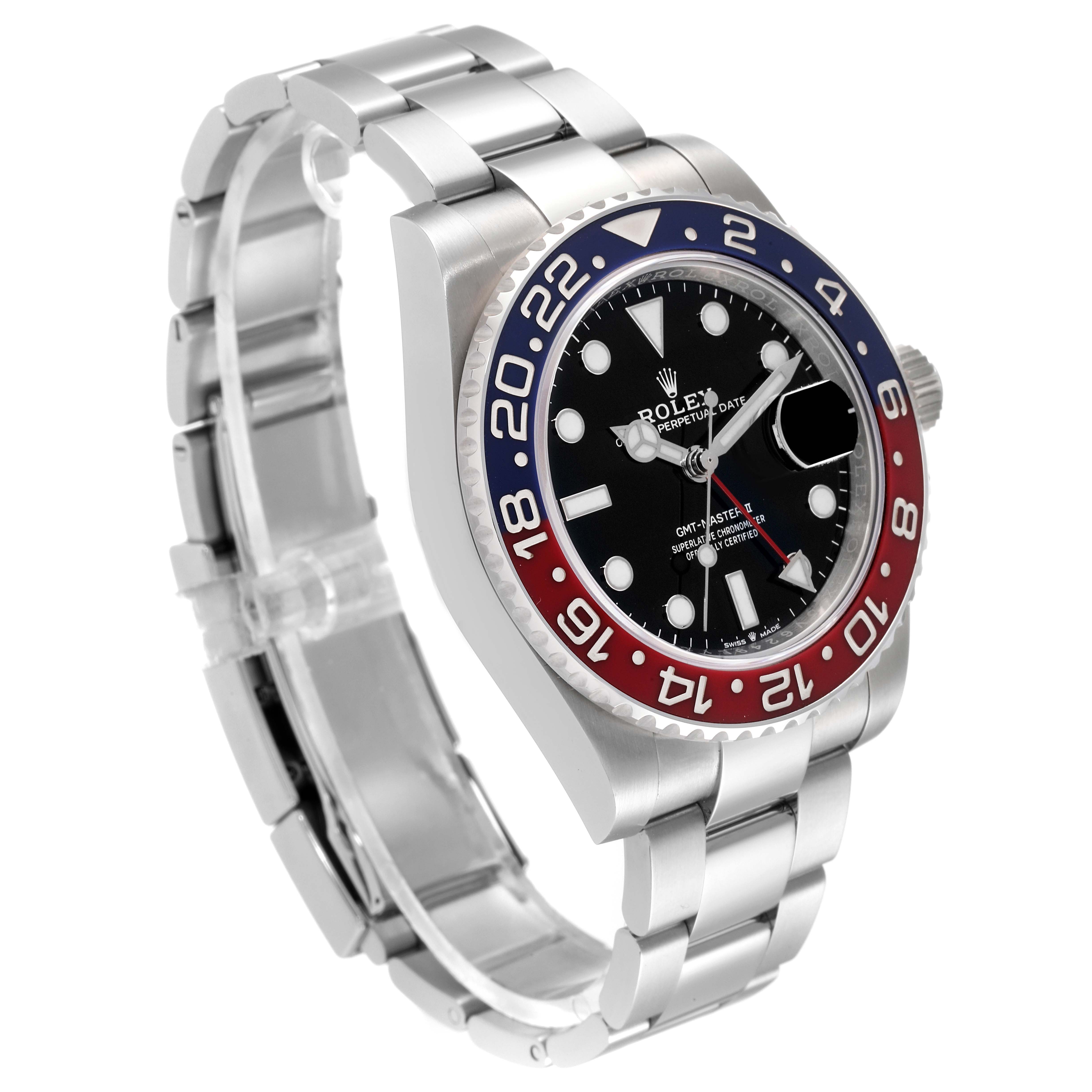 This image shows a Rolex GMT-Master 126710 Men's Stainless Steel Black Dial 126710 Men's Stainless Steel Black Dial watch at a three-quarter angle, highlighting the bezel, dial, bracelet, and crown.