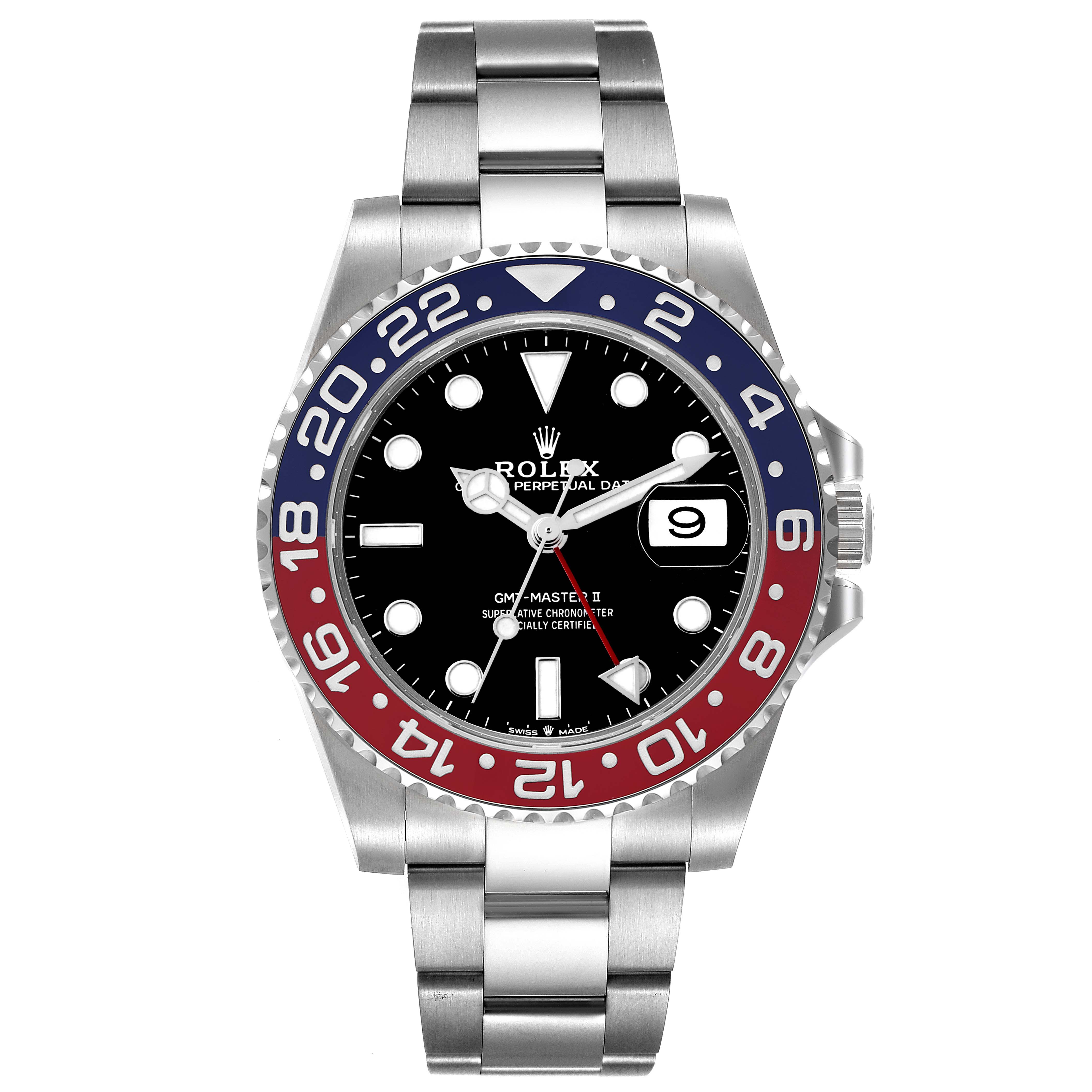 The Rolex GMT-Master 126710 Men's Stainless Steel Black Dial 126710 Men's Stainless Steel Black Dial watch is shown from a front angle, highlighting the bezel, dial, and bracelet.