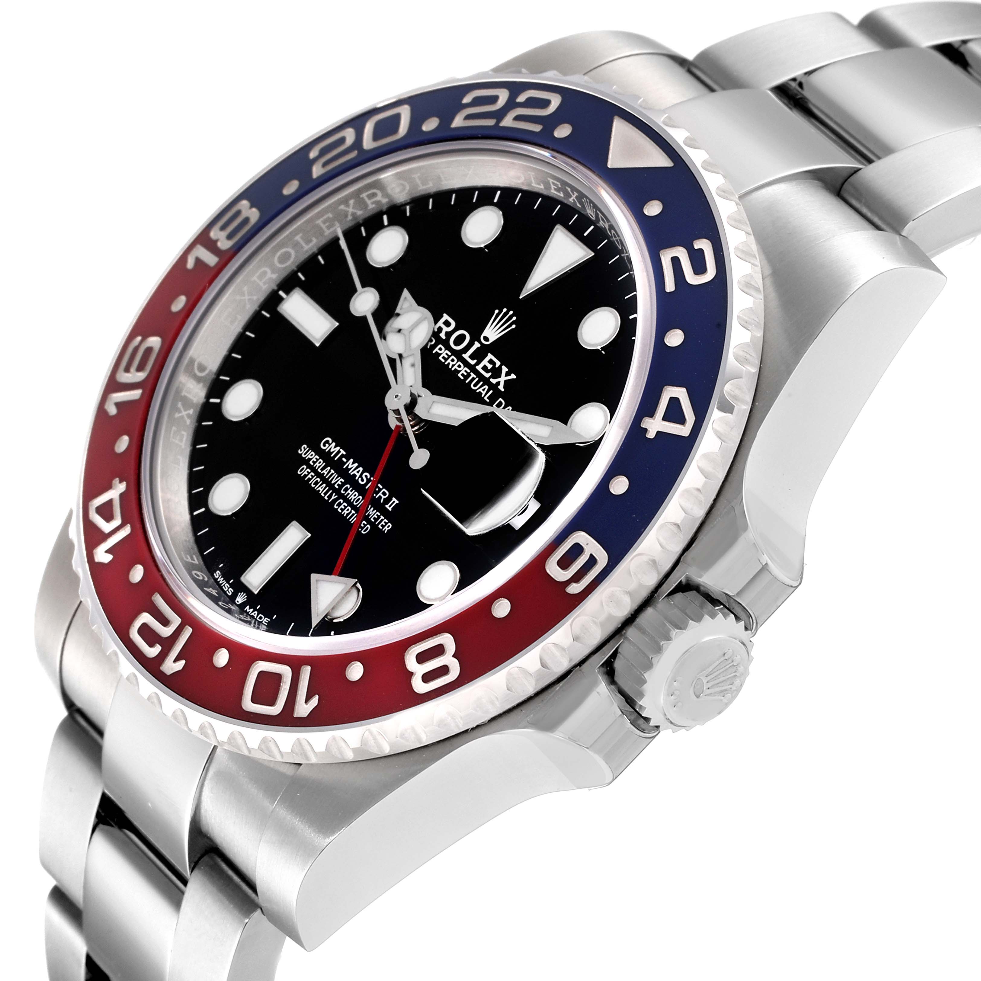 The image shows a Rolex GMT-Master 126710 Men's Stainless Steel Black Dial 126710 Men's Stainless Steel Black Dial watch at an oblique angle highlighting the bezel, dial, and a portion of the bracelet.