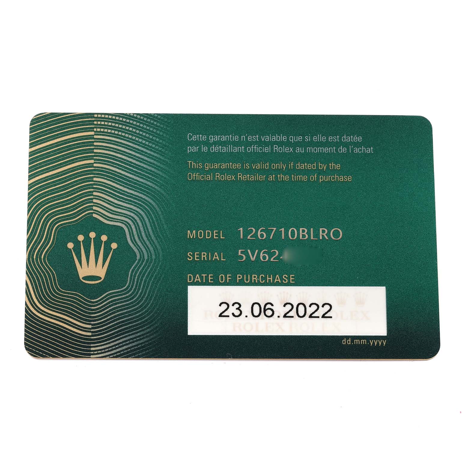 This image shows the warranty card for a Rolex GMT-Master 126710 Men's Stainless Steel Black Dial 126710 Men's Stainless Steel Black Dial model 126710BLRO watch.