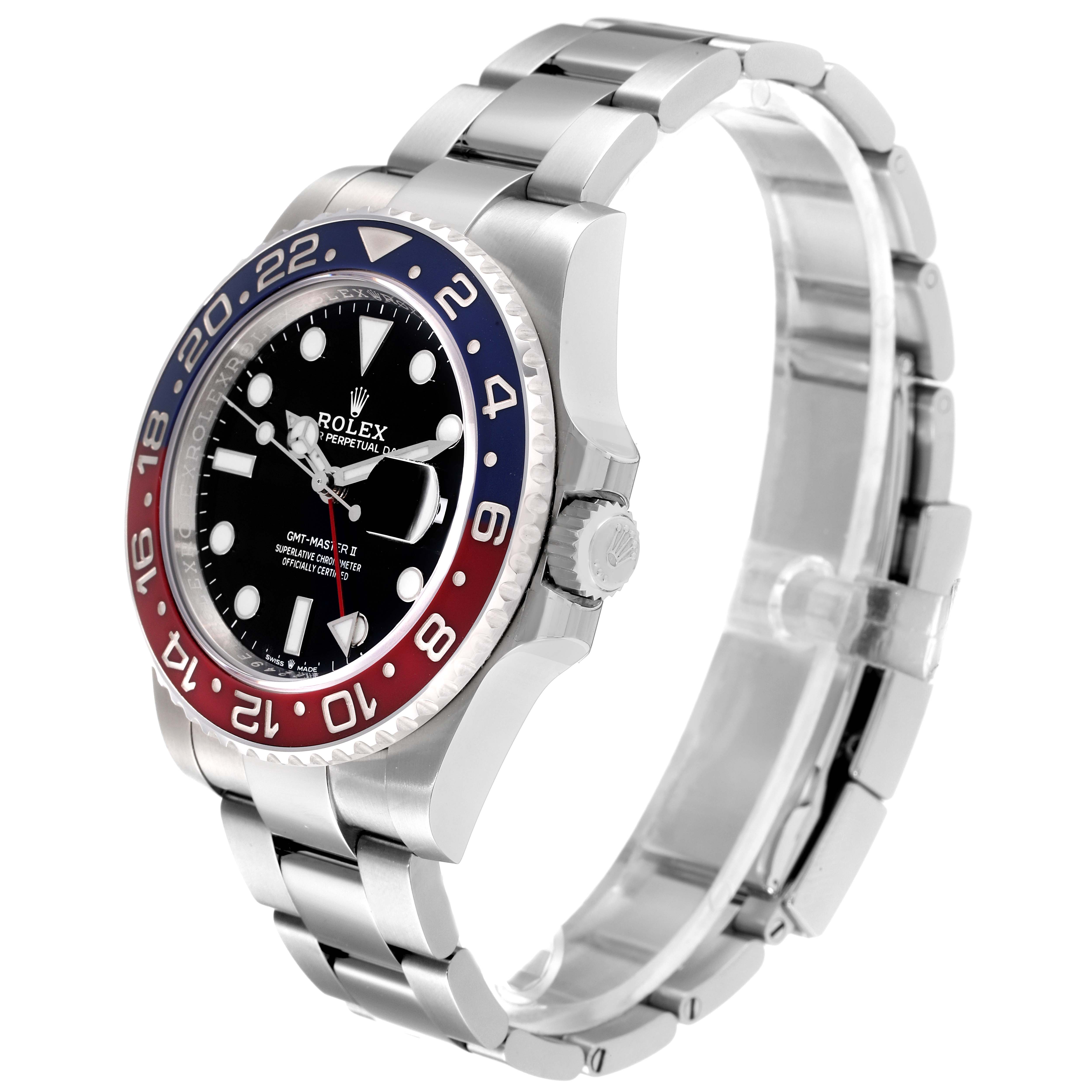 The image shows a Rolex GMT-Master 126710 Men's Stainless Steel Black Dial 126710 Men's Stainless Steel Black Dial watch at a three-quarter angle, highlighting the bezel, dial, and bracelet.