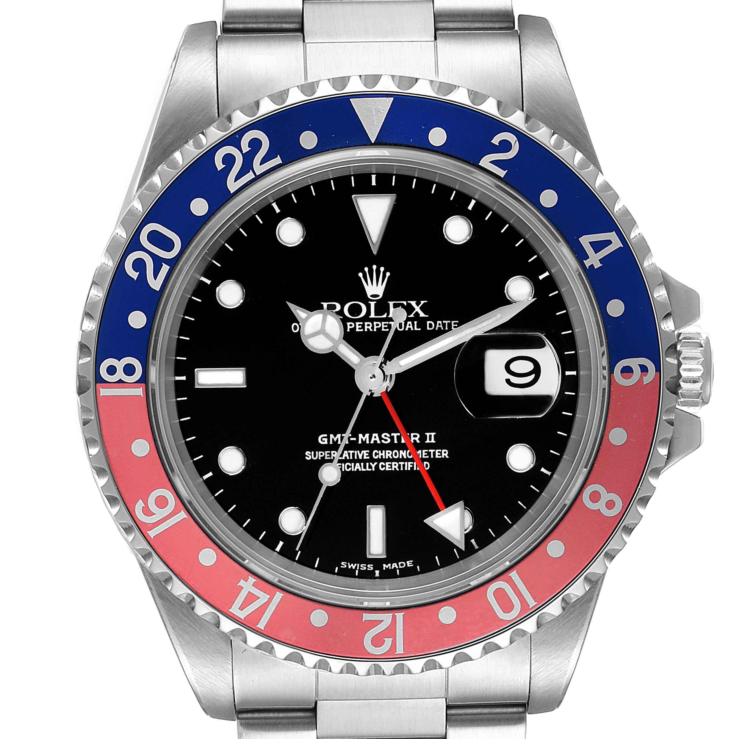 The image shows a front view of the Rolex GMT-Master 16710 Men
s Stainless Steel Black Dial 16710 Men
s Stainless Steel Black Dial II watch, highlighting its black dial, "Pepsi" bezel, and date window.