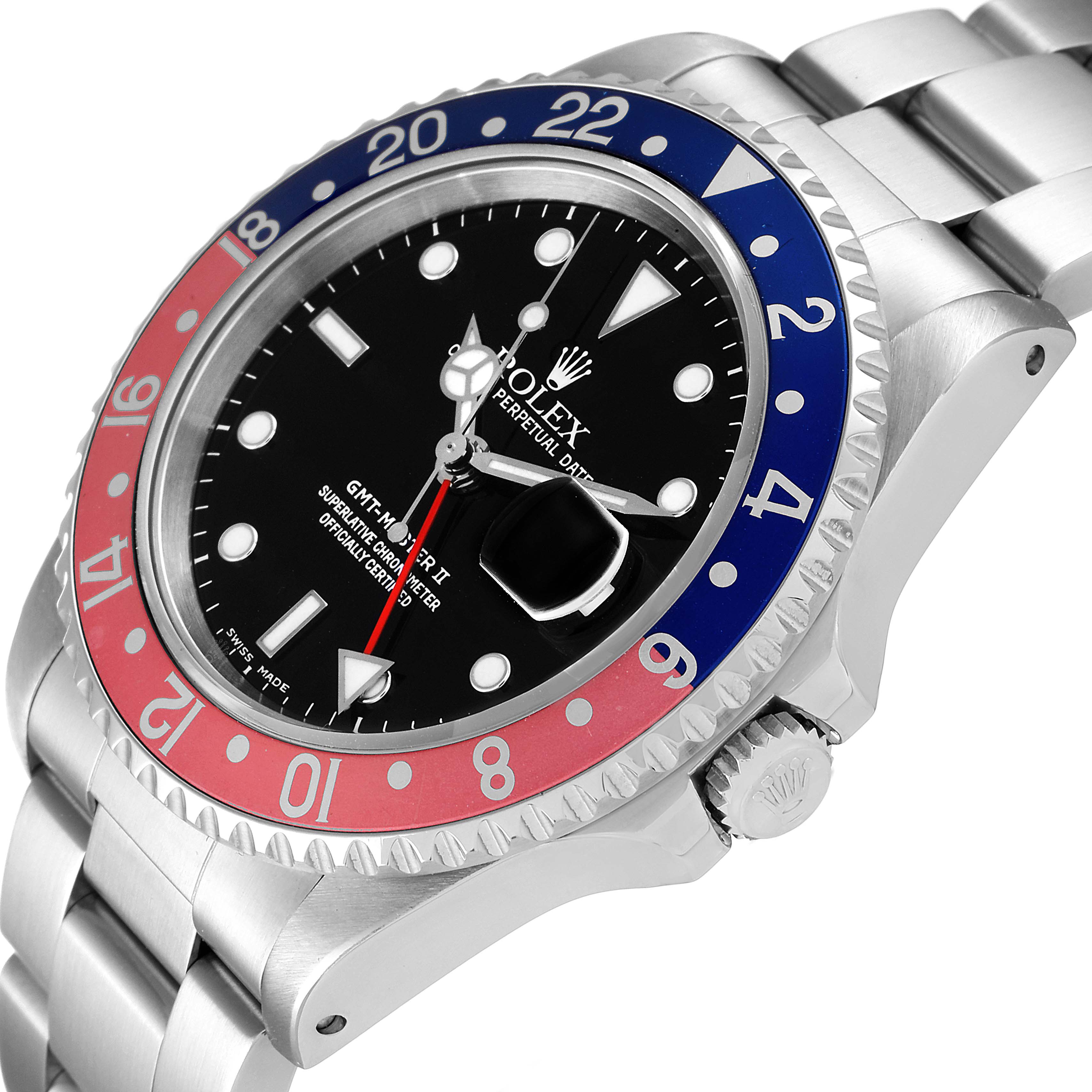 The image shows the Rolex GMT-Master 16710 Men
s Stainless Steel Black Dial 16710 Men
s Stainless Steel Black Dial watch from an angled side view, highlighting the face, bezel, and stainless steel bracelet.
