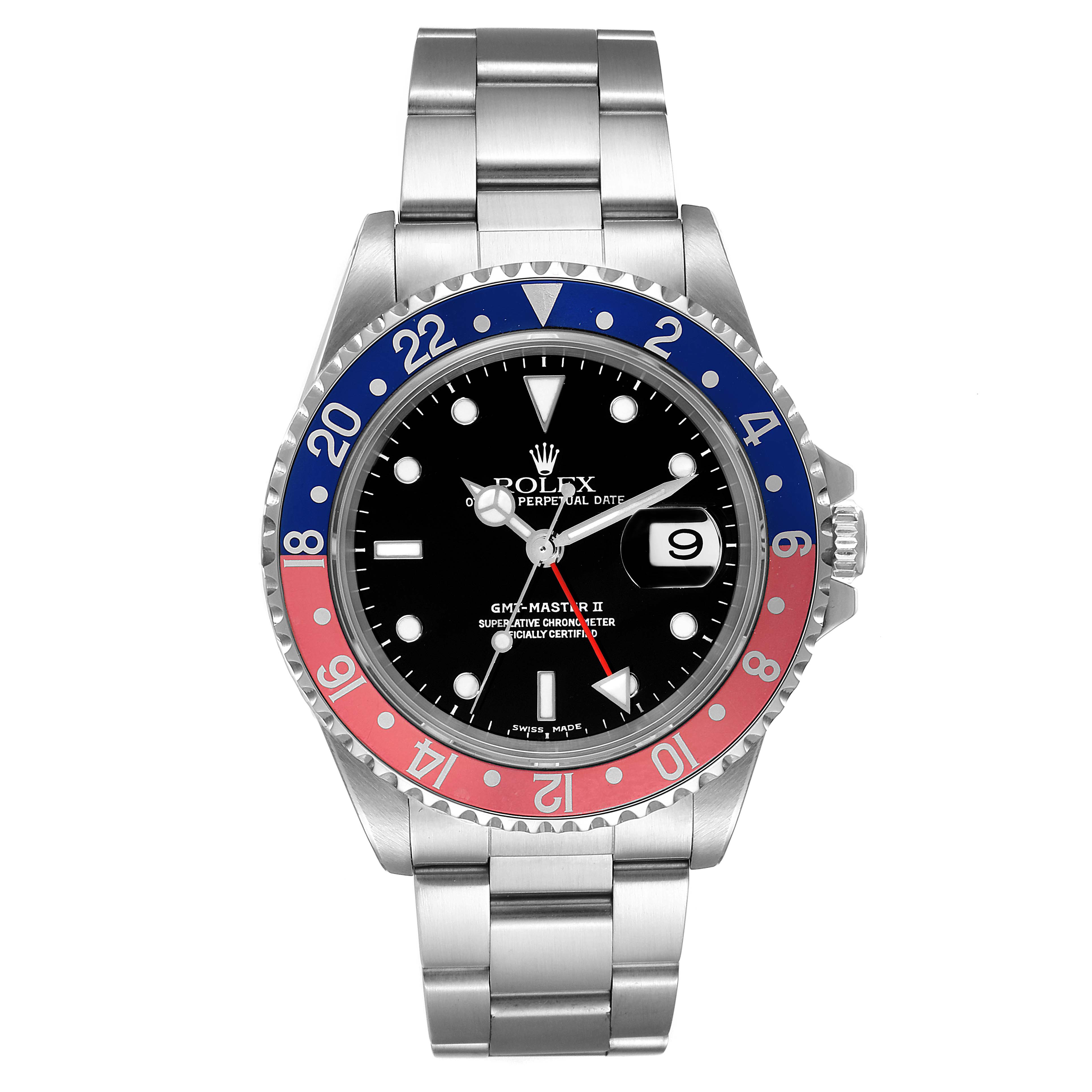 The image shows a Rolex GMT-Master 16710 Men
s Stainless Steel Black Dial 16710 Men
s Stainless Steel Black Dial watch from a front angle, displaying the bezel, dial, hands, and stainless steel bracelet.