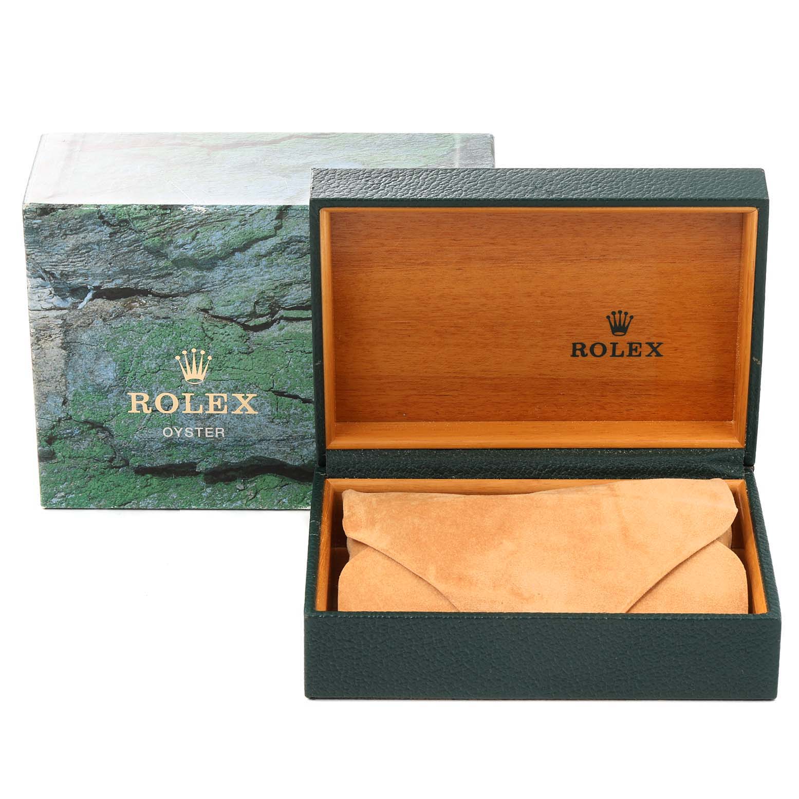 This image shows an open Rolex watch box and a sleeve for the GMT-Master model, along with its outer packaging visible in the background.