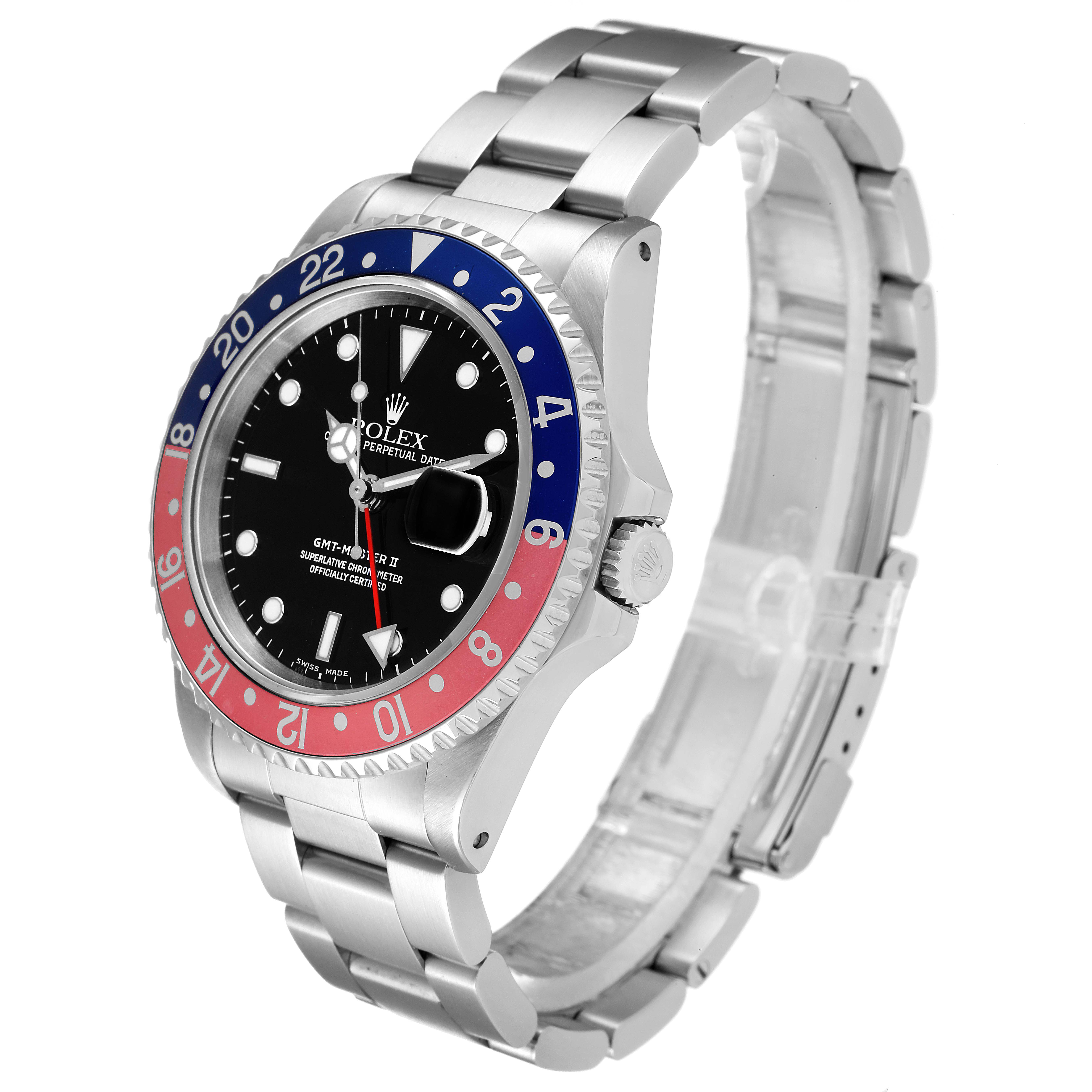 The image shows a side angle view of a Rolex GMT-Master 16710 Men
s Stainless Steel Black Dial 16710 Men
s Stainless Steel Black Dial watch, highlighting the watch face, bezel, and bracelet.