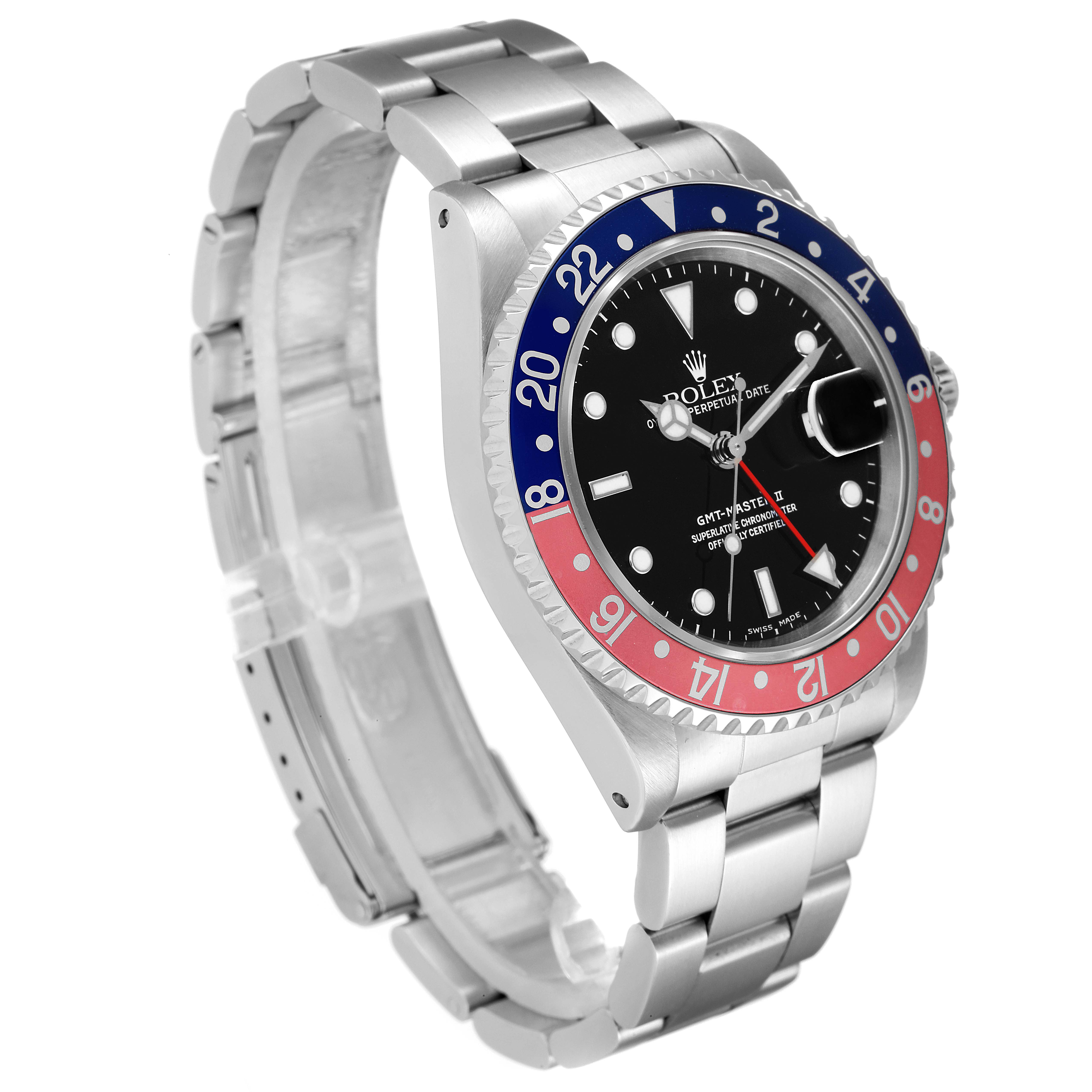 The image shows a Rolex GMT-Master 16710 Men
s Stainless Steel Black Dial 16710 Men
s Stainless Steel Black Dial watch at a three-quarter angle, displaying its bezel, dial, case, crown, and bracelet.