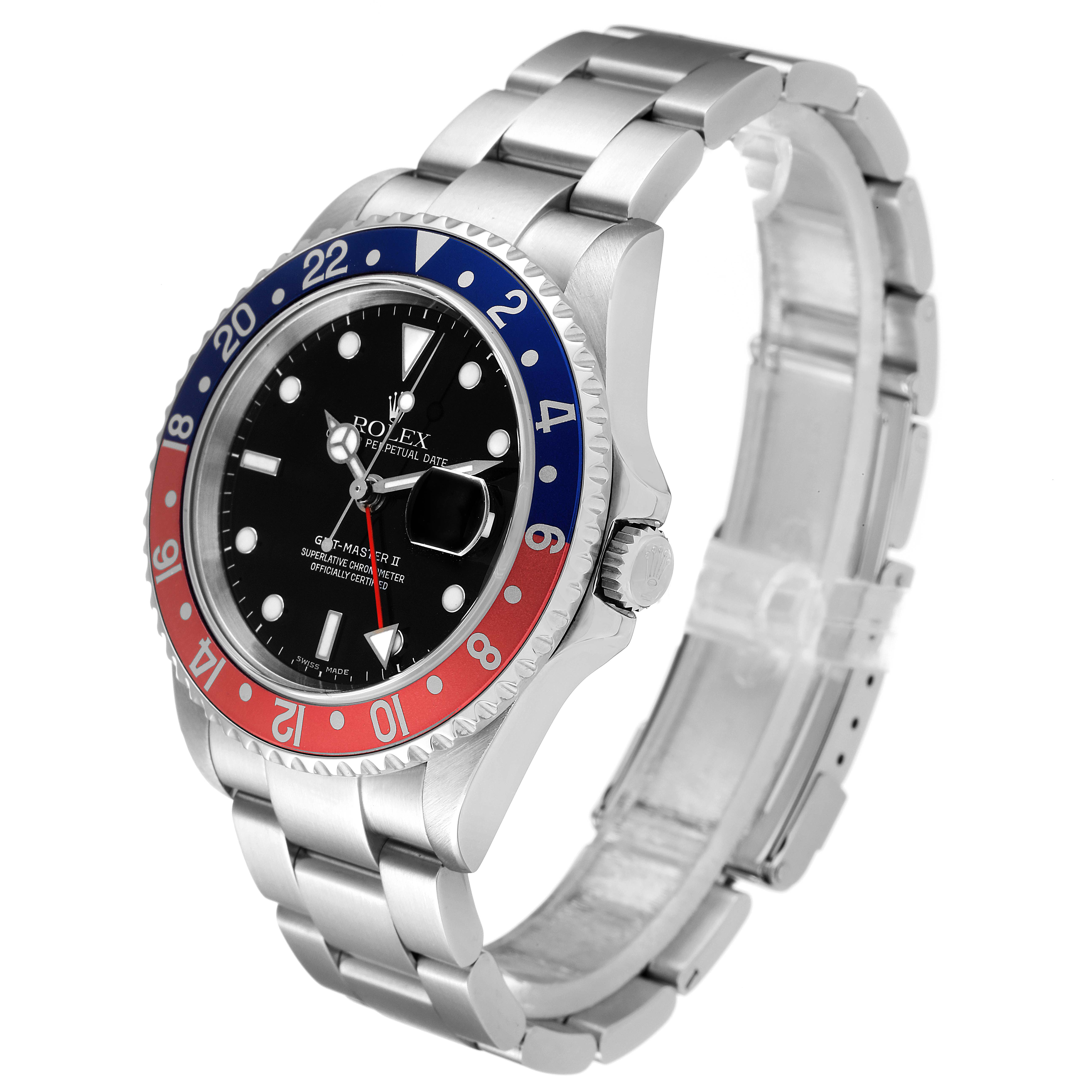 The image shows a Rolex GMT-Master 16710 Men
s Stainless Steel Black Dial 16710 Men
s Stainless Steel Black Dial II watch angled to display the face, bezel, bracelet, and crown.