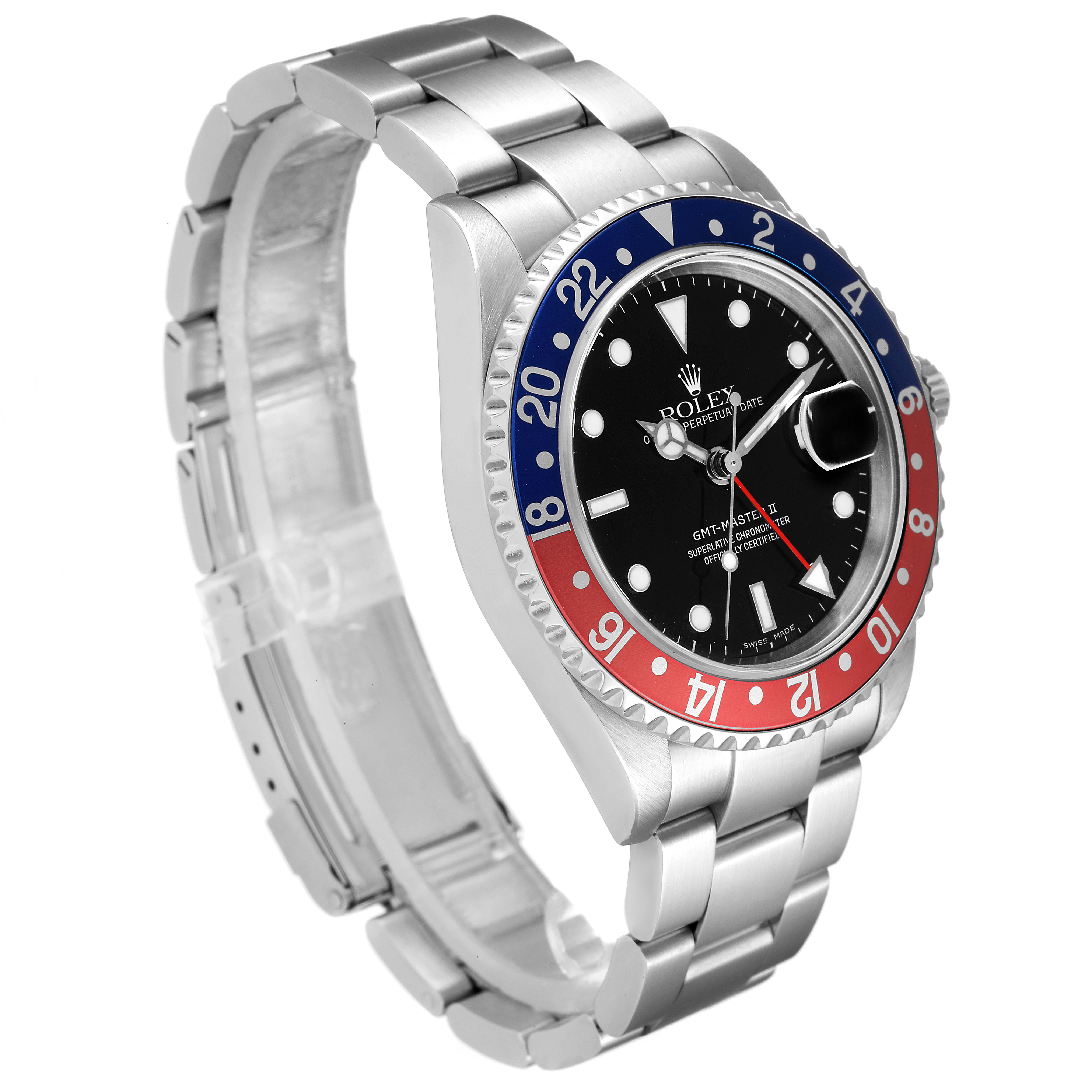 The Rolex GMT-Master 16710 Men
s Stainless Steel Black Dial 16710 Men
s Stainless Steel Black Dial watch is shown at a three-quarter angle, displaying the bezel, dial, and bracelet.