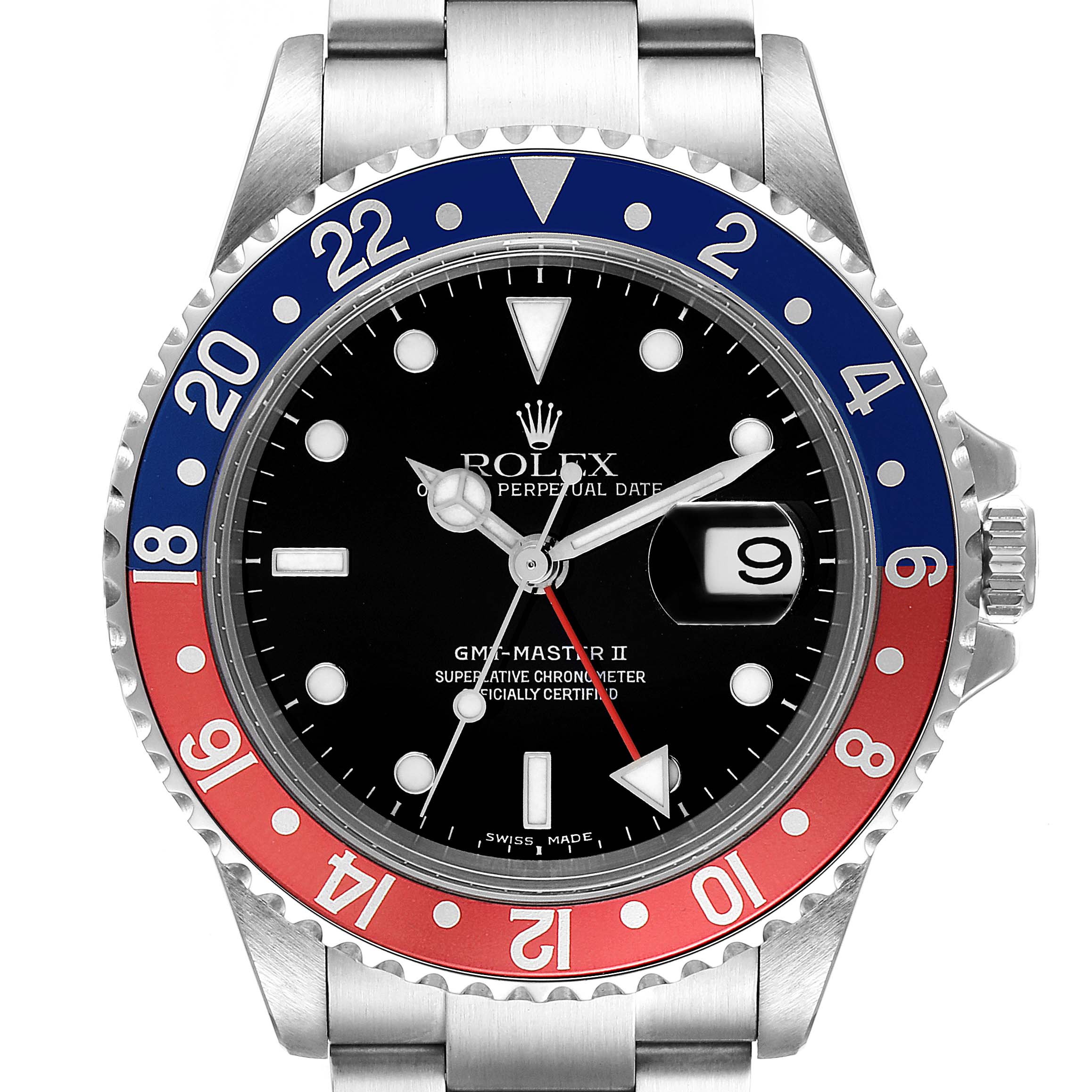 This image shows a front view of a Rolex GMT-Master 16710 Men
s Stainless Steel Black Dial 16710 Men
s Stainless Steel Black Dial II watch with its bezel, dial, date window, and bracelet clearly visible.