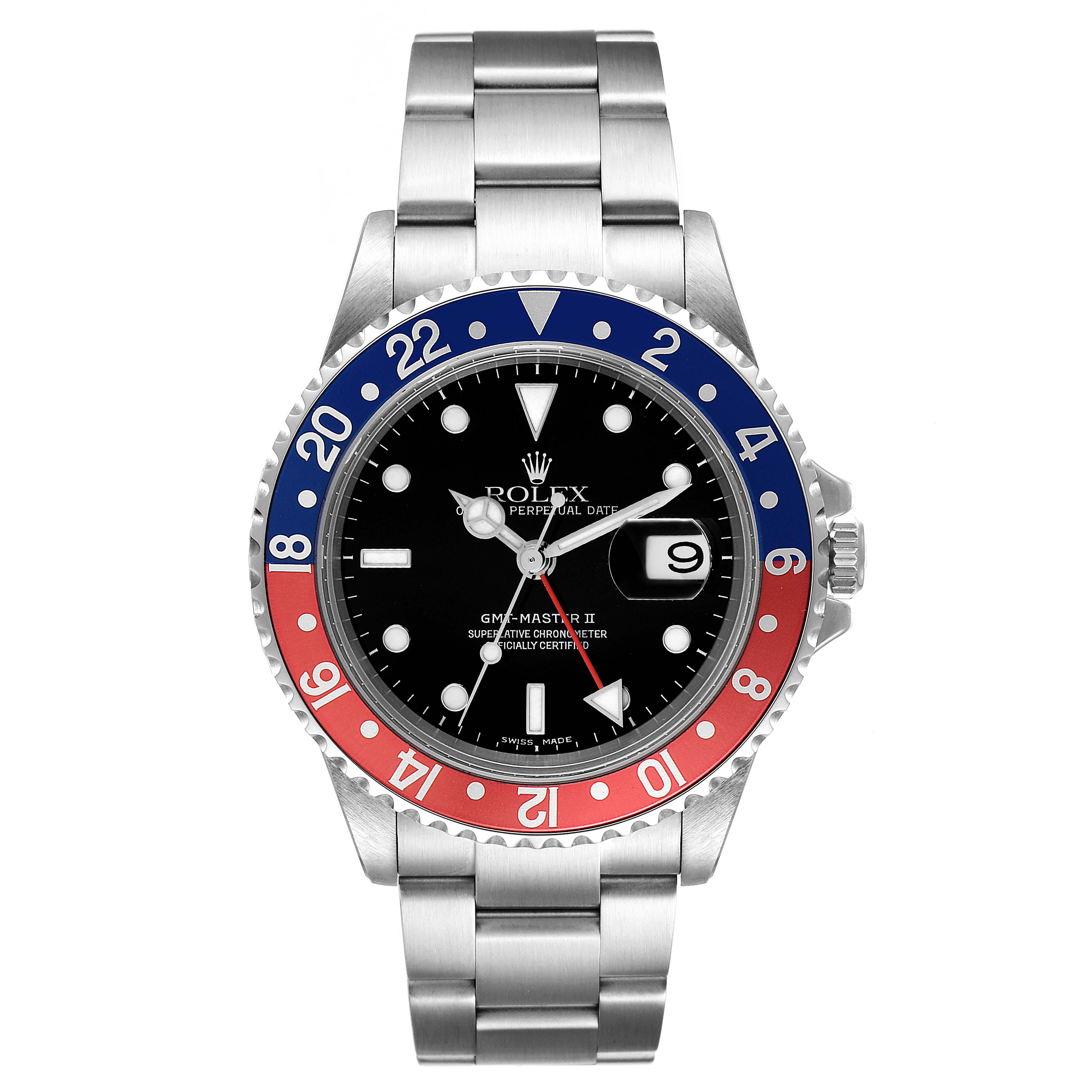 The image shows a front view of the Rolex GMT-Master 16710 Men
s Stainless Steel Black Dial 16710 Men
s Stainless Steel Black Dial II watch, highlighting the bezel, dial, and bracelet.