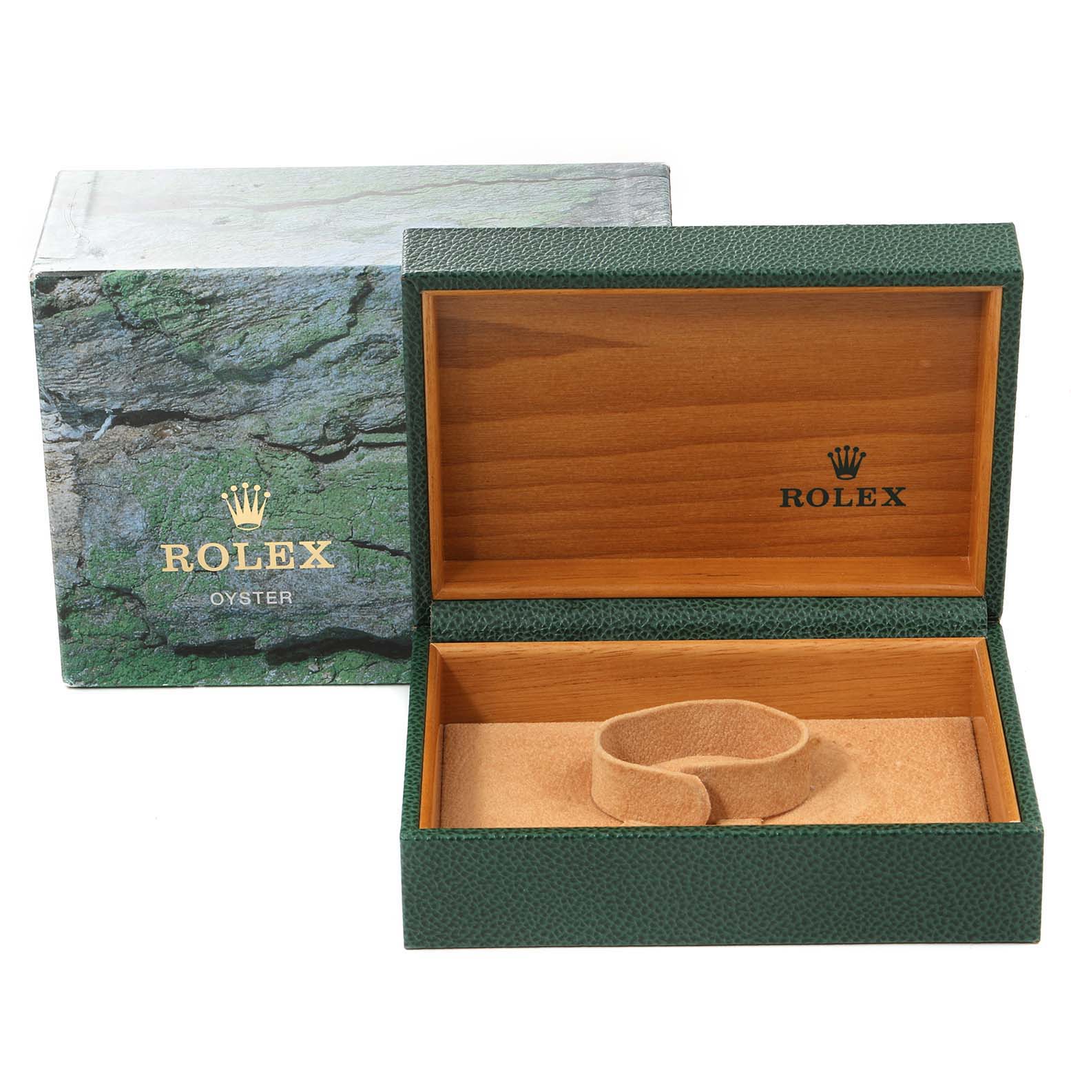 The image shows an open Rolex GMT-Master 16710 Men
s Stainless Steel Black Dial 16710 Men
s Stainless Steel Black Dial watch box and its outer packaging at a straight-on angle.