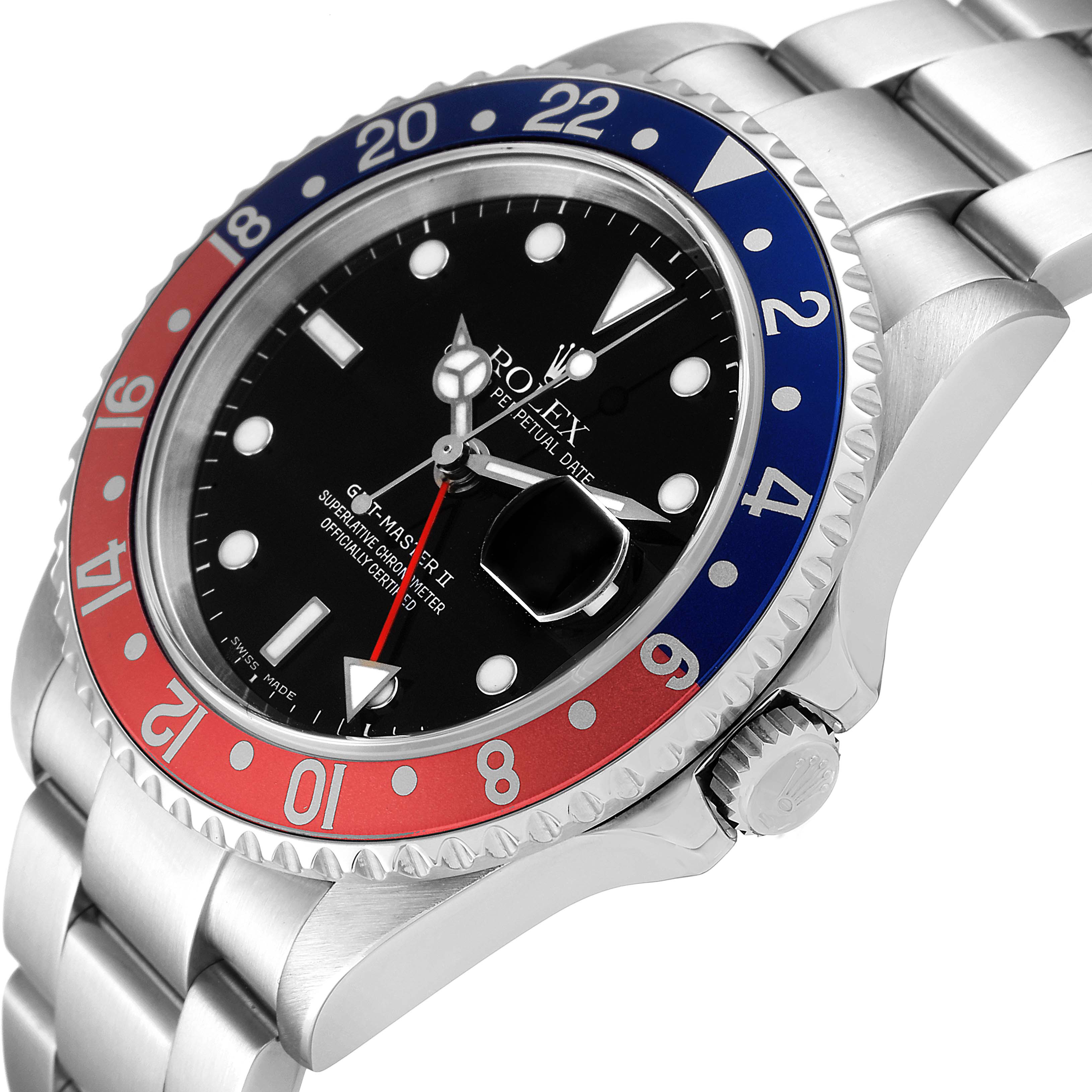 This image shows a close-up angle of a Rolex GMT-Master 16710 Men
s Stainless Steel Black Dial 16710 Men
s Stainless Steel Black Dial II watch, highlighting its bezel, dial, and bracelet.